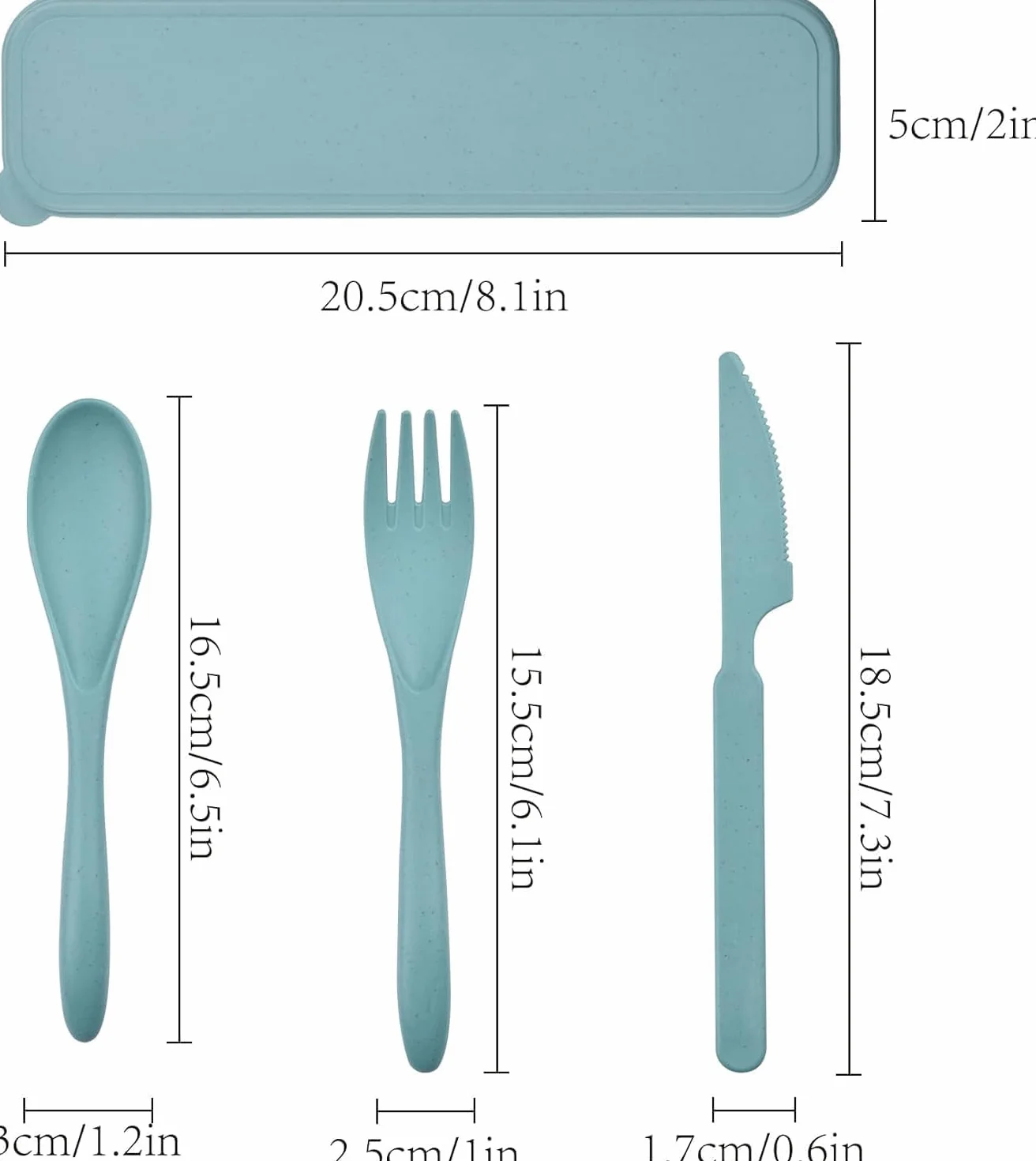 Zestaw sztućców podróżnych wielokrotnego użytku z etui, widelec nóż łyżka, plastikowy, niebieski zielony