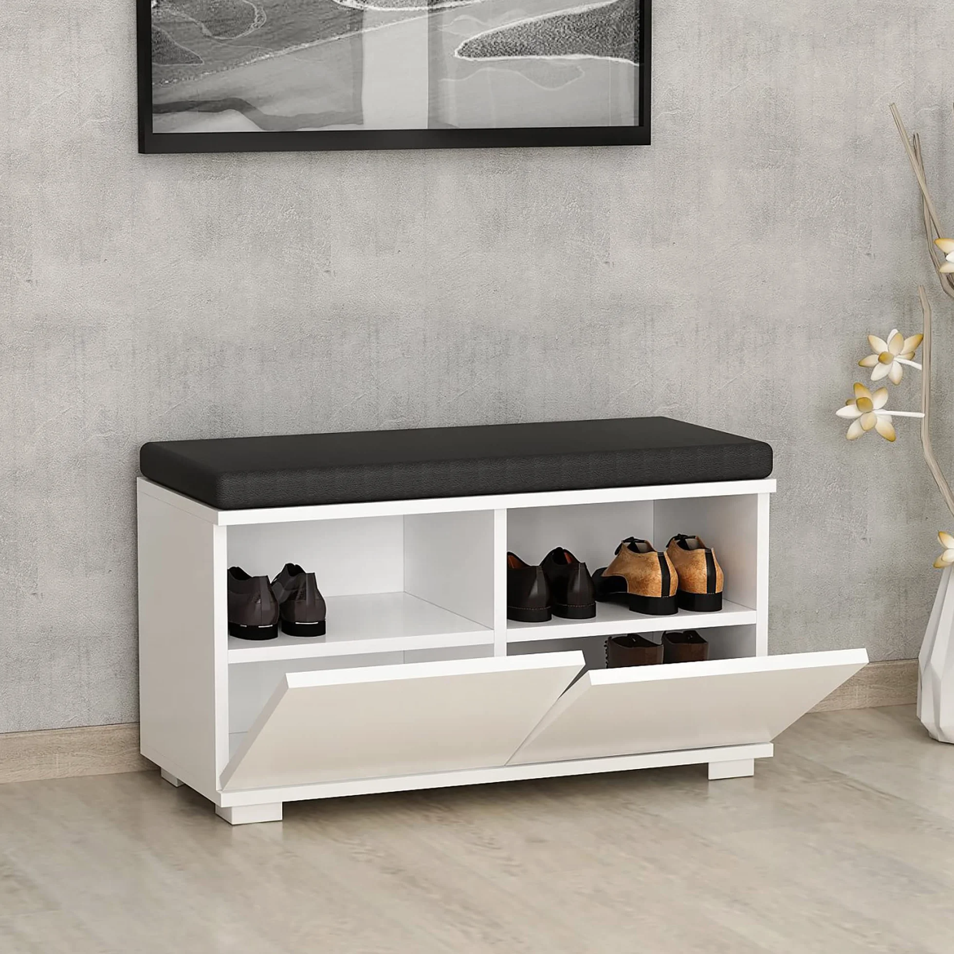 [en.casa] Szafka na buty z 4 półkami, ławka do siedzenia z siedziskiem 42 x 80 x 35 cm, szafka na buty z poduszką do siedzenia, biała