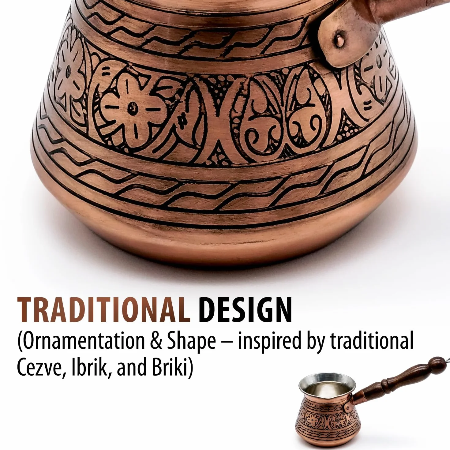 Miedziany Cezve Ibrik Turkish Coffee Pot 450 ml Ręcznie Wykonany Grawerowany 2 mm