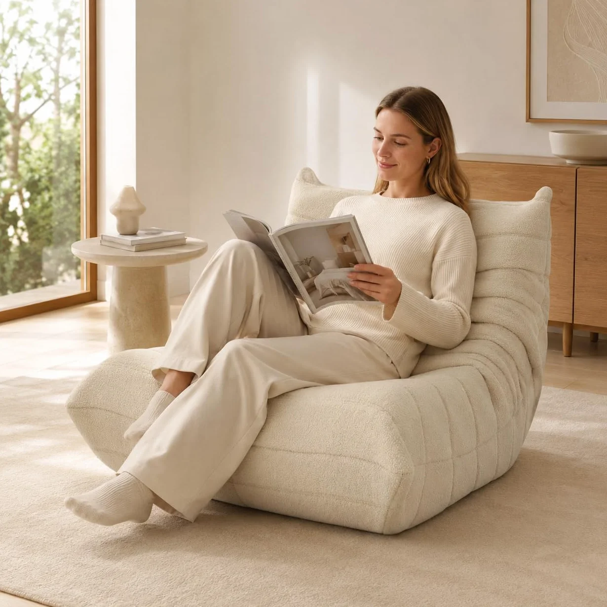 Worek do siedzenia, sofa podłogowa, sofa Togo o ergonomicznym wzornictwie, z pokrowcem ze sztucznego futra i super miękkim schowkiem, Bean Bag do sypialni, salonu (beżowy)