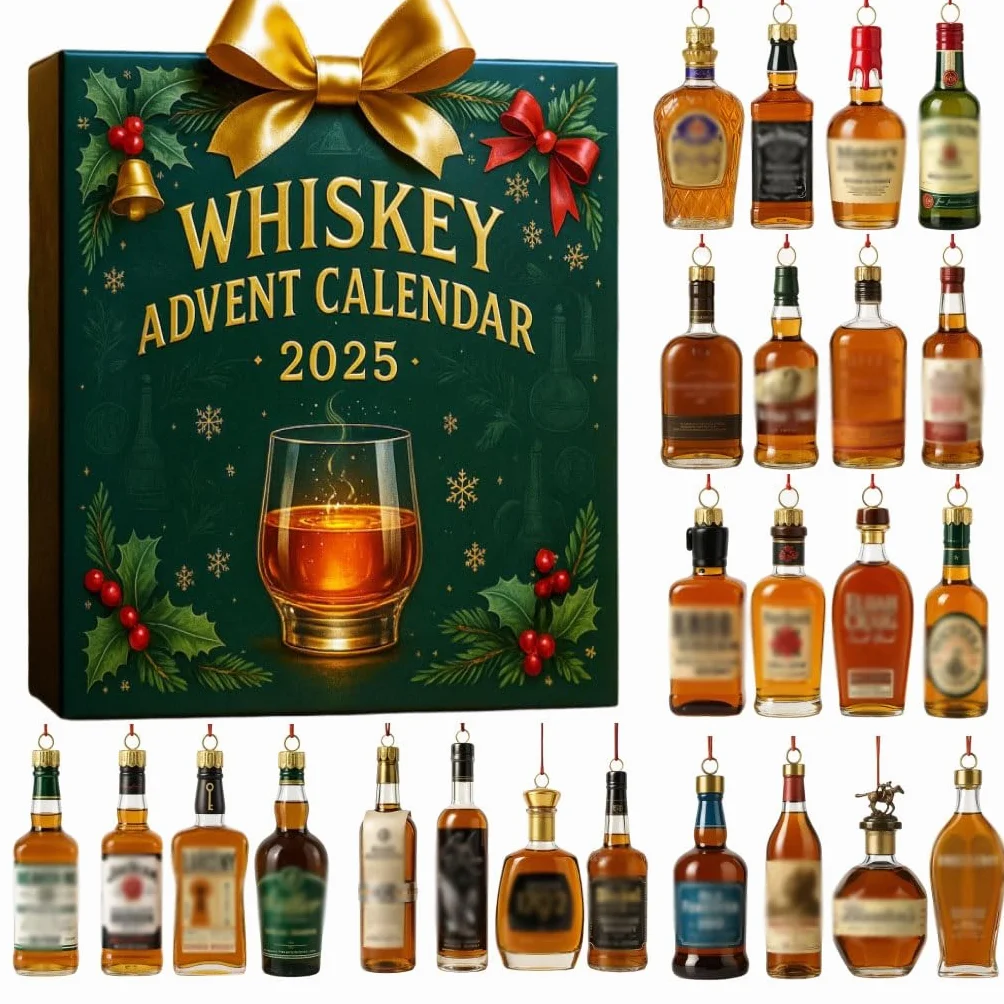 Kalendarz adwentowy z whiskey 2025, Kalendarze adwentowe dla miłośników piwa i whiskey, 24 luksusowe wisiorki z whiskey/piwem, 24 dni bez powtórek, Przez świat whiskey/piwa (Zielony-A)