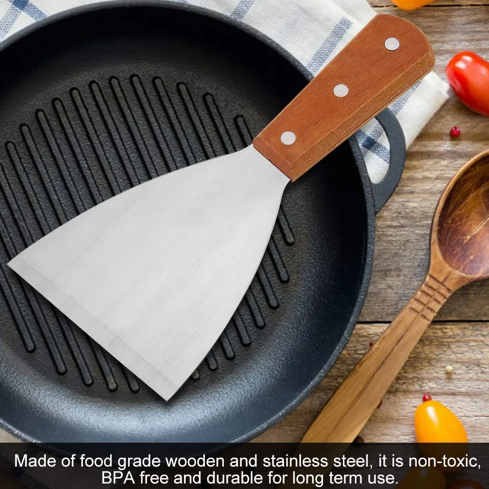 Smash Burger Łopatka Griddle Skrobak Drewno + Stal Nierdzewna Stal Nierdzewna Nieprzywierająca Odporny na Ciepło Bbq Grill Beafsteak Łopatka Turner Narzędzie Kuchenne