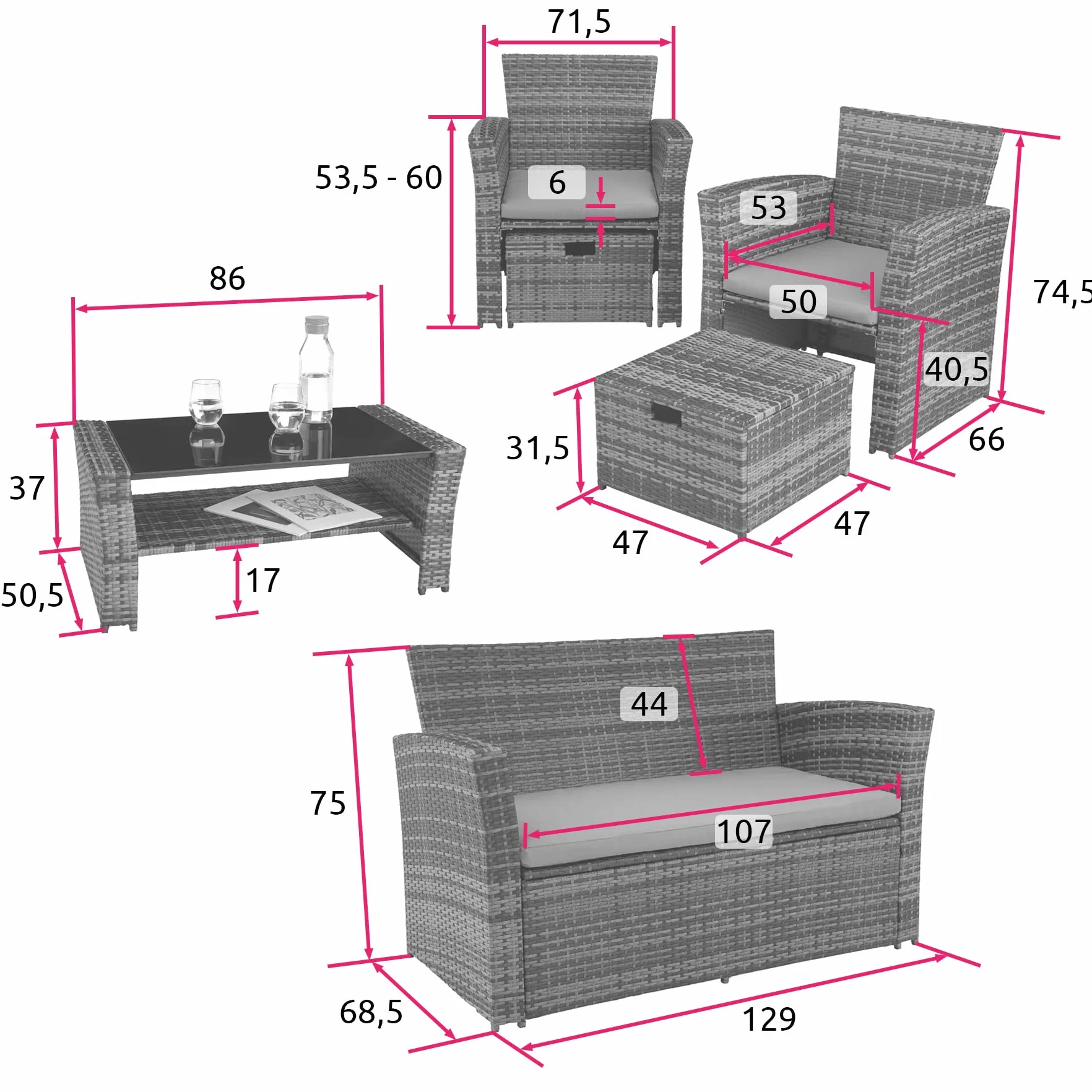 tectake® Zestaw Mebli Ogrodowych z Technorattanu Modena,Wysokiej Jakości, UV-Odporny, Wodoodporne Poduszki, Stalowa Rama, Stół ze Szkła Hartowanego, Przestronny Schowek - szary