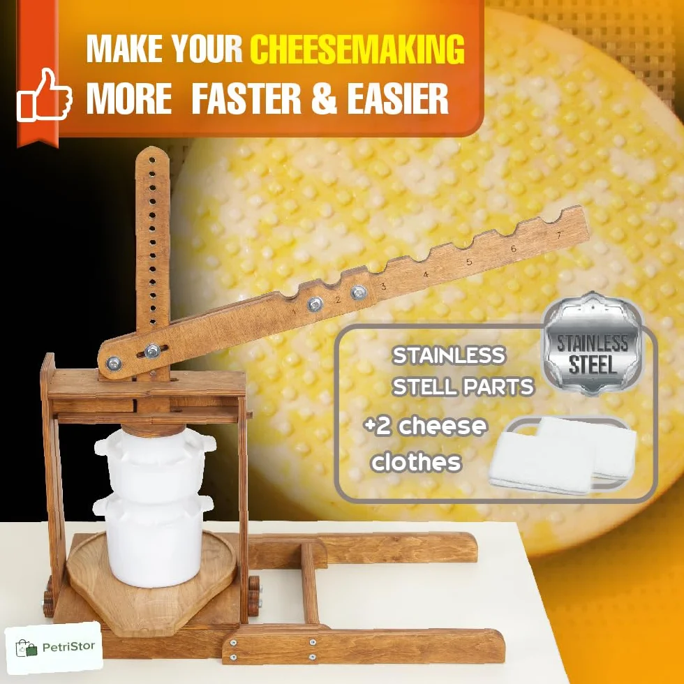 Dutch Wooden Cheese Press - Cheese Making Kit with Lever, 2 Cheese Molds & 200 lbs Pressure
