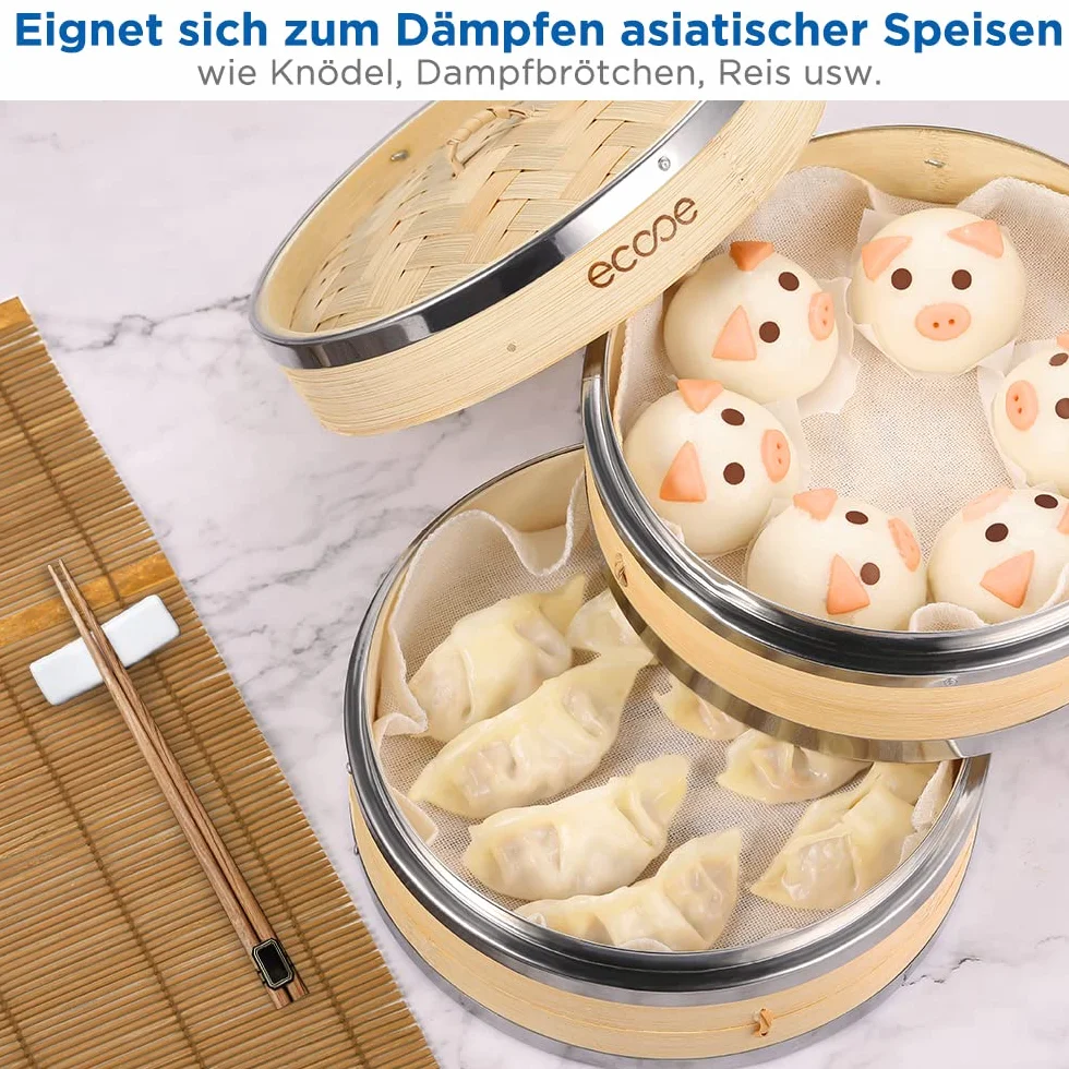 ecooe Bambusowy kosz do gotowania na parze z 2 bawełnianymi ściereczkami, bambusowy parownik do warzyw, dim sum, ryb i mięsa (średnica 20 cm)