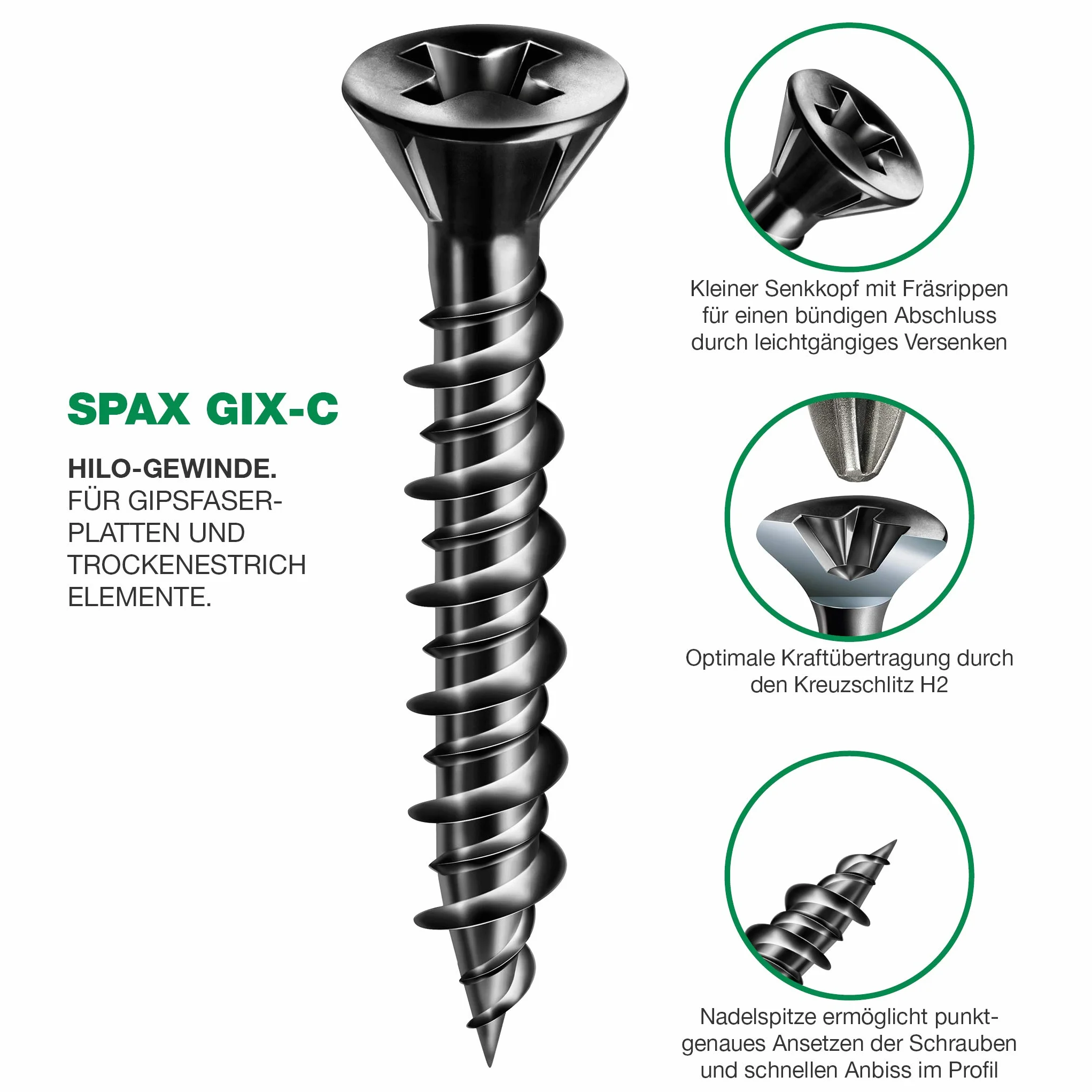 SPAX GIX-C 1791170390255 wkręty do szybkiego montażu 3,9 x 25 mm, gwint HiLo, 1000 sztuk, mała głowica frezująca, rowek krzyżowy H2, śruby do płyt gipsowo-kartonowych i elementów suchej jastrychu