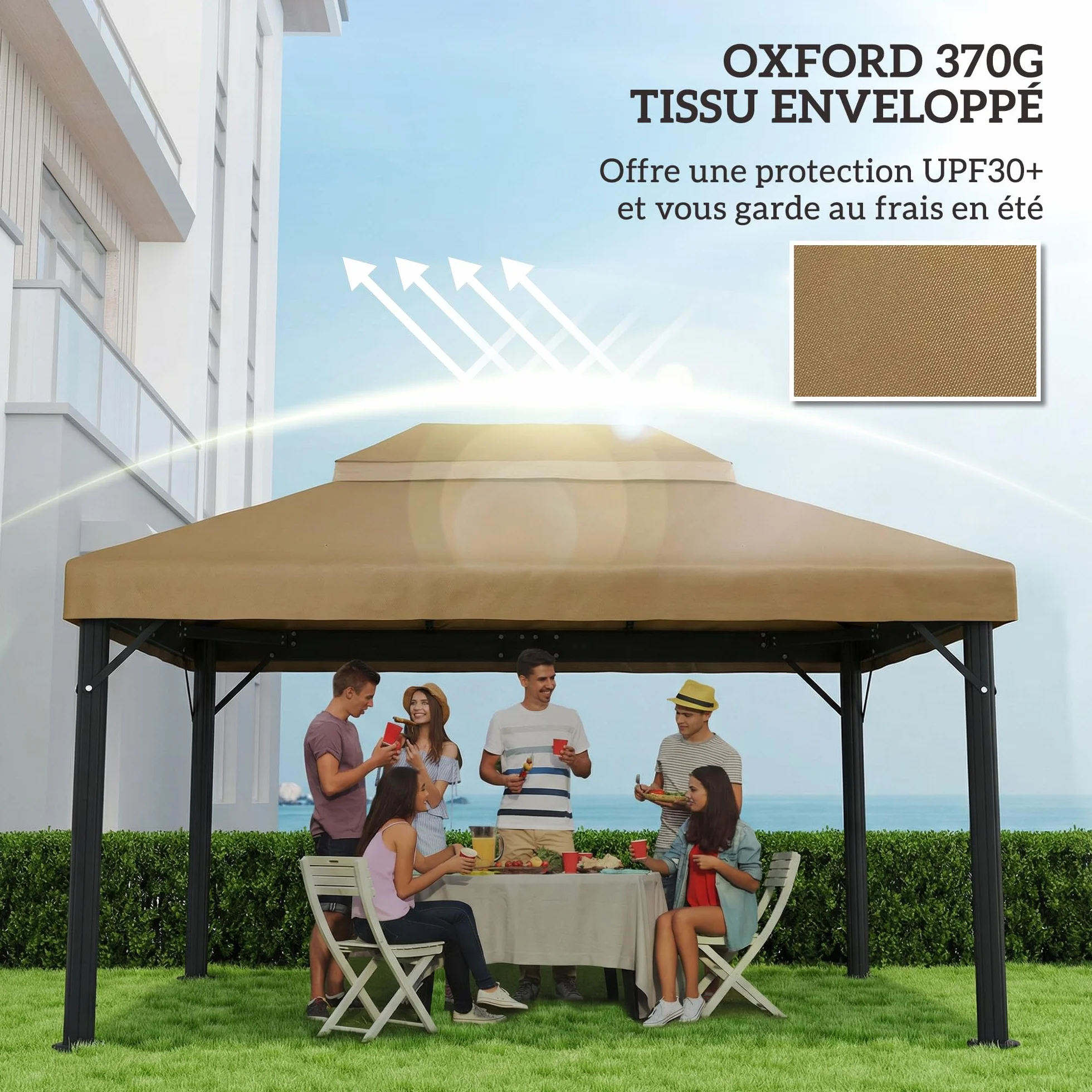 Outsunny Płótno do pawilonu 4 x 3 m, podwójny dach z otworami drenażowymi, poliester o wysokiej gęstości 370 g/m², ochrona przeciwsłoneczna UPF30+, płótno w zestawie, beżowy