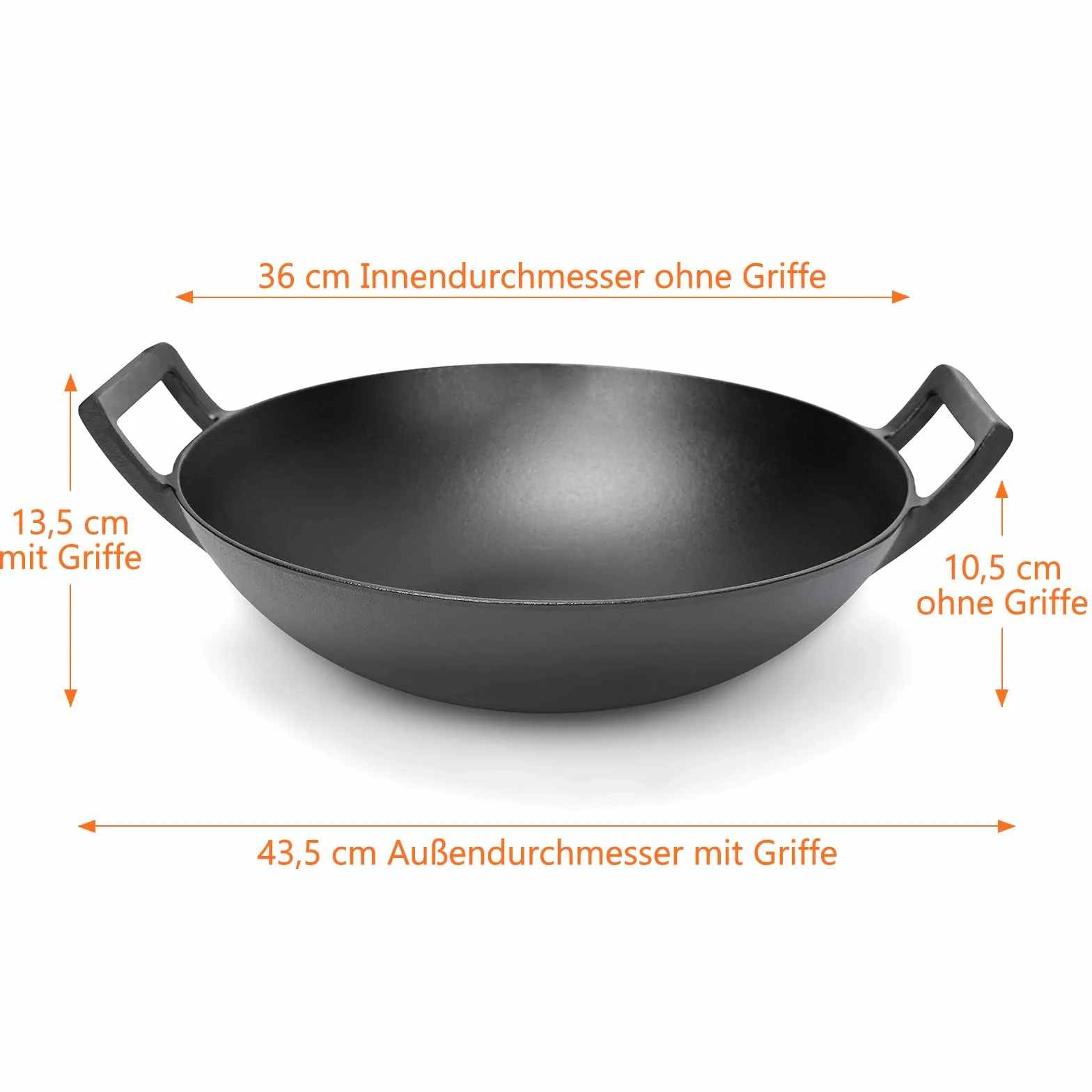 GFTIME Żeliwny wok Ø 36 cm, do grilla gazowego, do kuchenek indukcyjnych, ogniowych, żeliwnych patelni wok do Weber Spirit, Genesis Gourment, do grilla 57 cm