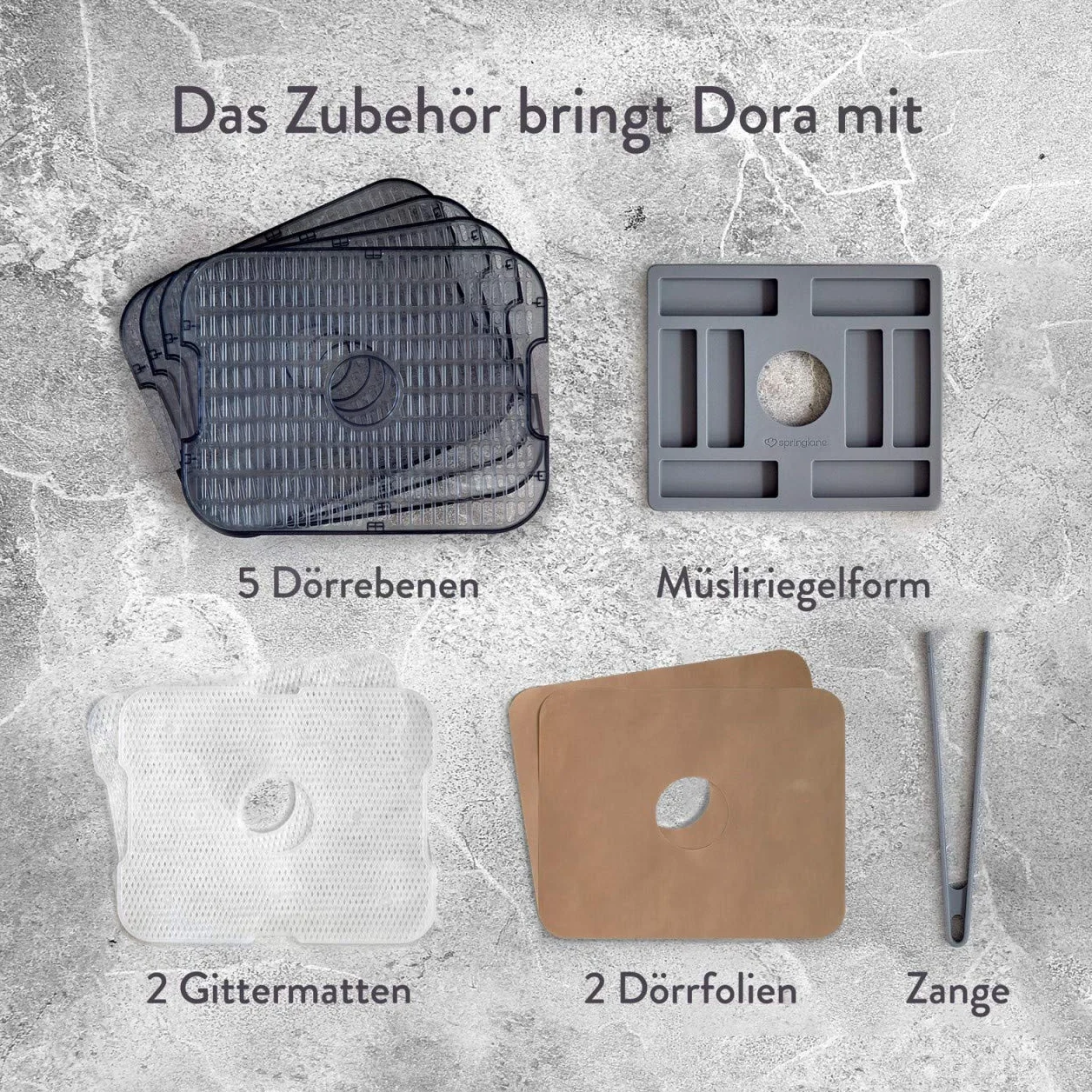 SPRINGLANE Dora suszarka do owoców, mięsa i ziół, w zestawie 5 x winorośl, 2 folie, 2 kratki, zeszyt z przepisami, szczypce i forma do batonika