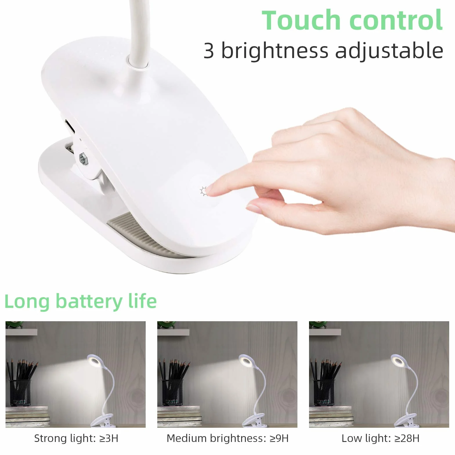 OUSFOT Lampka do Czytania Zacisk Książki z 3 Jasnościami USB Akumulator Dotykowy z Przełącznikiem 360° Elastyczna Ochrona Oczu Lampa Zaciskowa Lampa Biurkowa Dzieci Zacisk Swiatło do Lóżka Książki