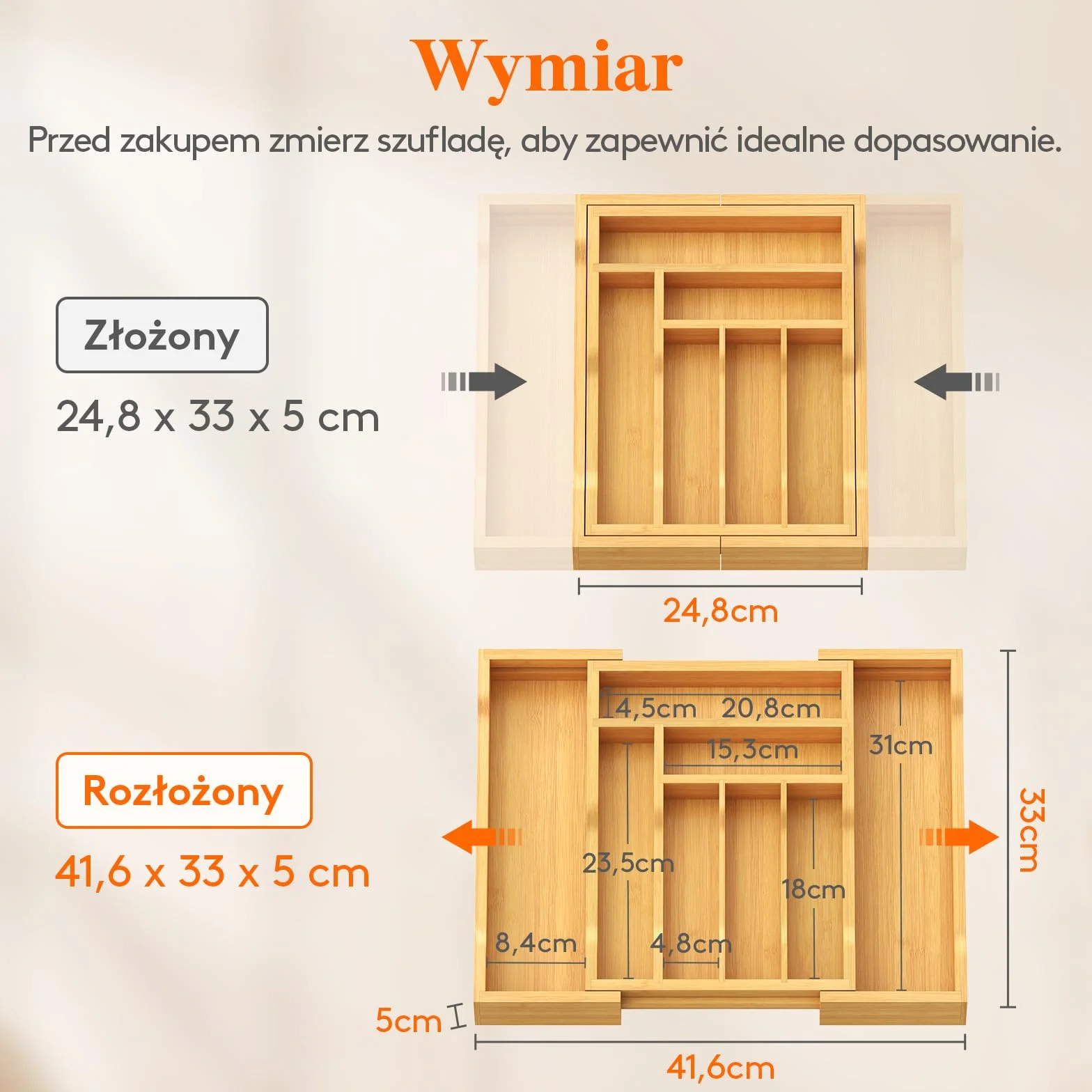 Lifewit Szuflada na Sztućce Bambusowa Wkładka 33 cm Głębokość 42 cm Szerokość
