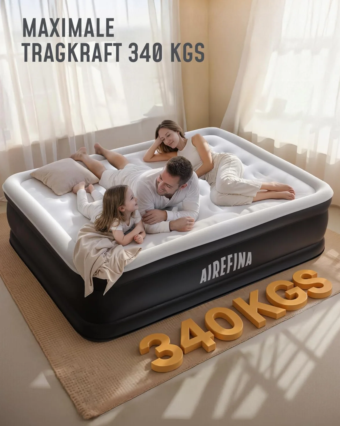 Airefina Łóżko dmuchane dla 2 osób, samopompujący się materac z wbudowaną pompką, nadmuchiwany materac w 3 minuty, na kemping i do użytku domowego, trwałe łóżko dla gości – 203 x 152 x 46 cm