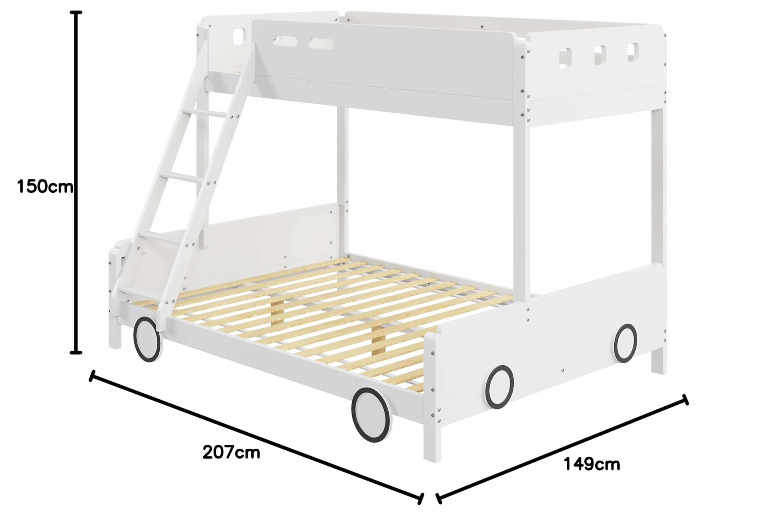 Dziecięce łóżko piętrowe w kształcie samochodu z litego drewna – u góry 90 x 200 cm, na dole 140 x 200 cm – łóżko rodzinne dla rodzeństwa – kratka bezpieczeństwa, kolor biały – obciążenie do 140 kg