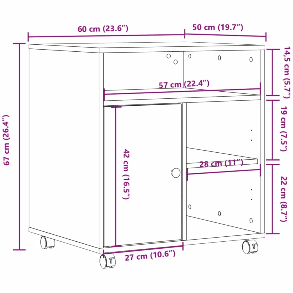 vidaXL Szafka pod drukarkę, z kółkami, biała, 60x50x67 cm, stojak na drukarkę, regał na drukarkę, stolik pod drukarkę, stolik na drukarkę