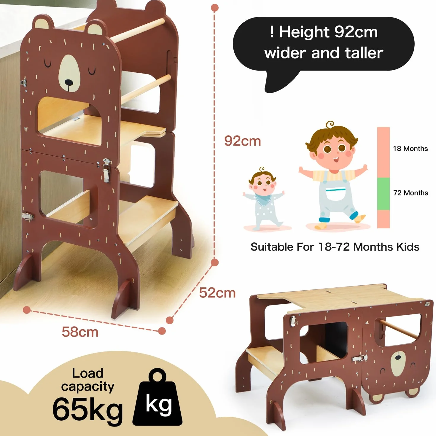 labebe Montessori Learning Tower, składana wieża edukacyjna dla dzieci, 2 w 1, z tablicami informacyjnymi, od 1 roku życia, brązowy niedźwiedź