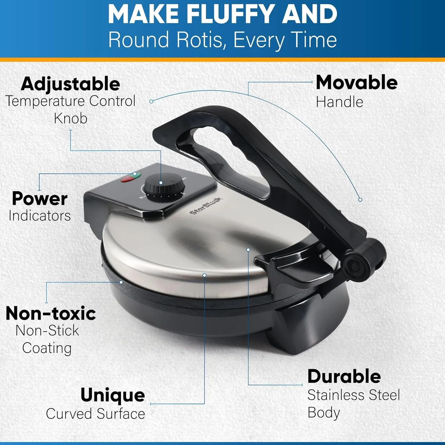 Roti Maker 25,4 cm firmy StarBlue z bezpłatnym ogrzewaczem Roti i zdejmowanym uchwytem – indyjskie chapati, tortilla, Roti AC220-240 V 50/60 Hz 1200 W, wtyczka UE