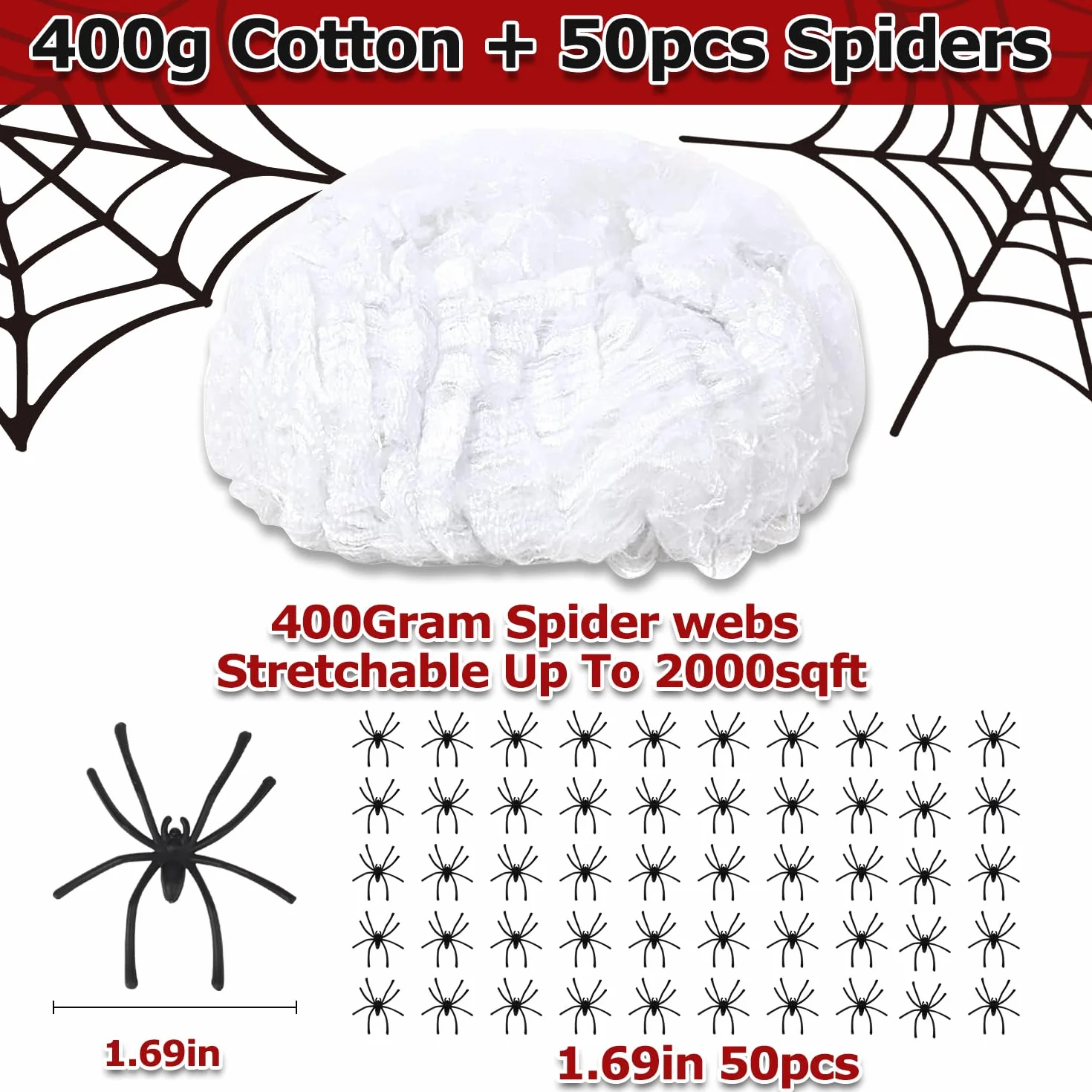 OWill 400 G, gigantyczna dekoracja na Halloween w kształcie pajęczej sieci, 2000 stóp kwadratowych, 400 G, pajęczyna i 50 szt. rozciągliwych sztucznych pajęczyn na zewnątrz