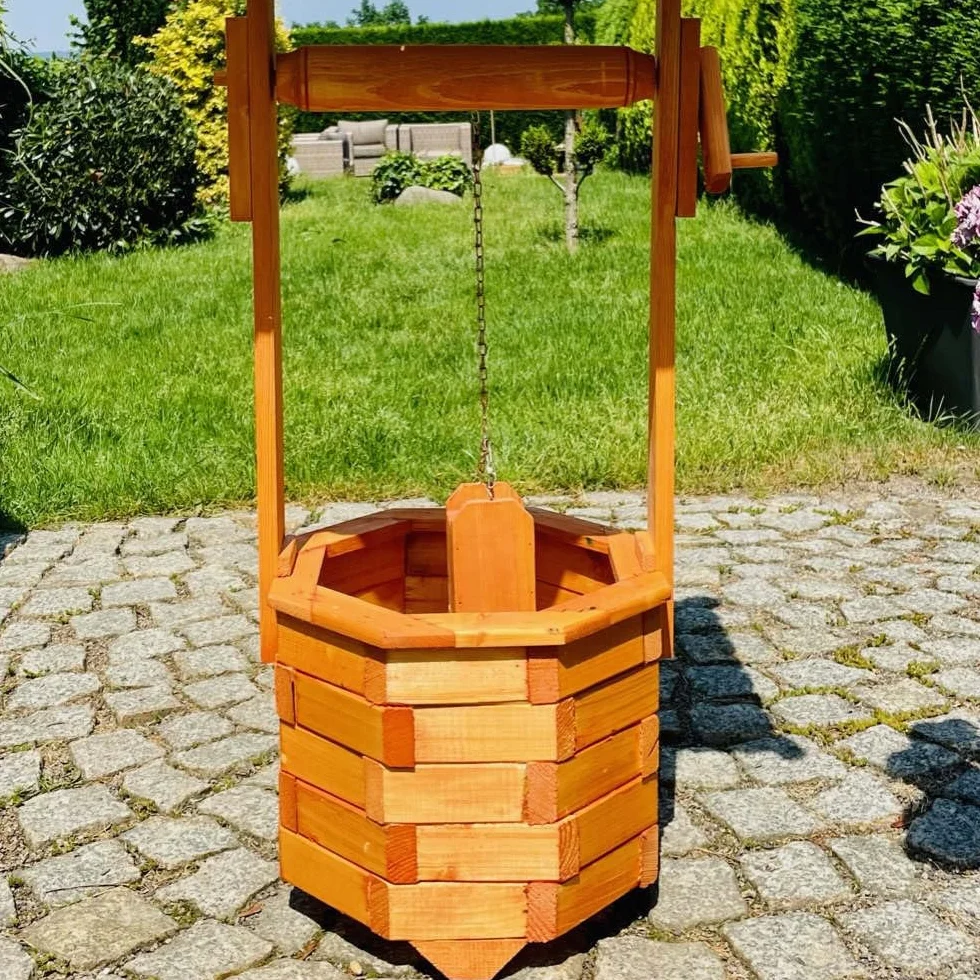Dekoracyjna fontanna ośmiokątna z drewna, brązowa, wysokość 130 cm, fontanna ogrodowa, impregnowana