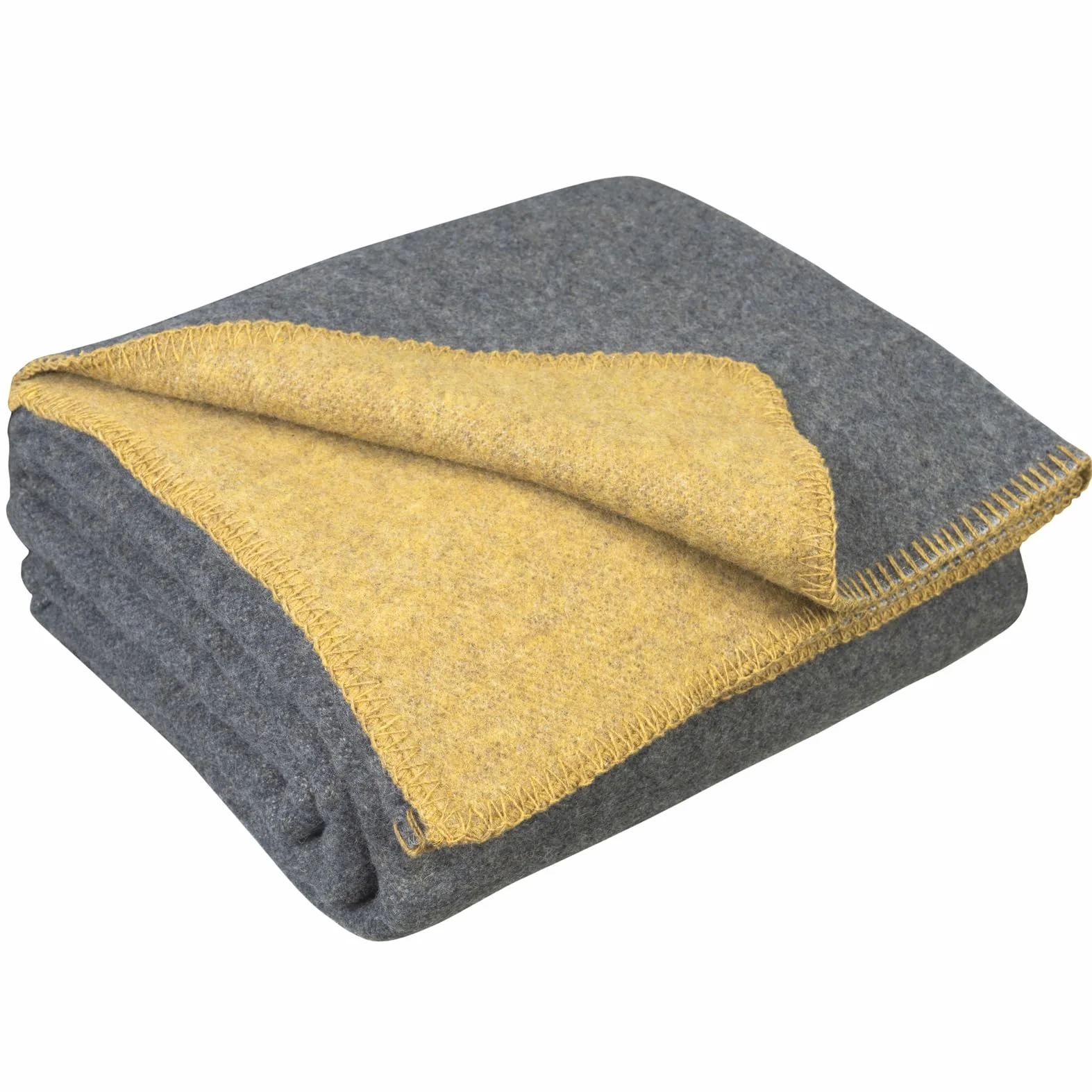 LYHome Koc Wełniany Merino - Pled z Wełny Owczej, Koce Wełniane Piknikowy Podróżny Turystyczny Wojskowy i Domowe, Pledy Podwójne i Bardzo Ciepłe (130x170 cm | Musztardowy - Szary Dwustronny)