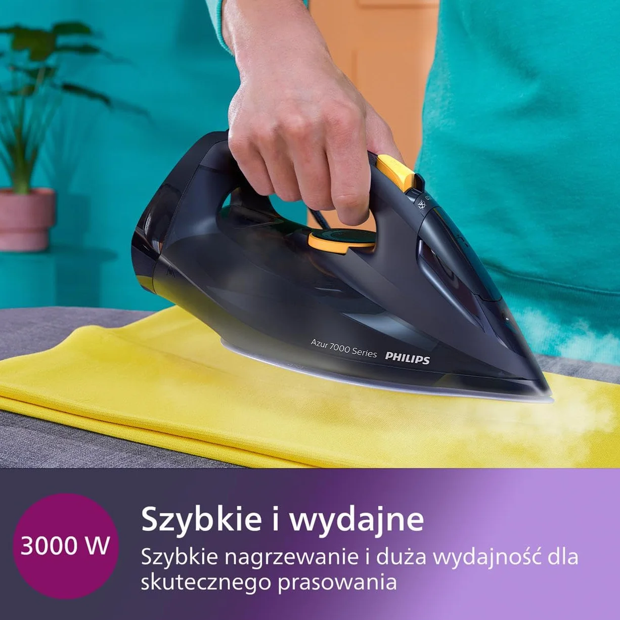 Philips Azur z Serii 7000 Żelazko Parowe - 3000 W, Strumień 55 g/min, Silne Uderzenie Pary Do 250 g, Pionowy Wyrzut Pary, Stopa SteamGlide Elite, Niebieski/Żółty (DST7060/20)