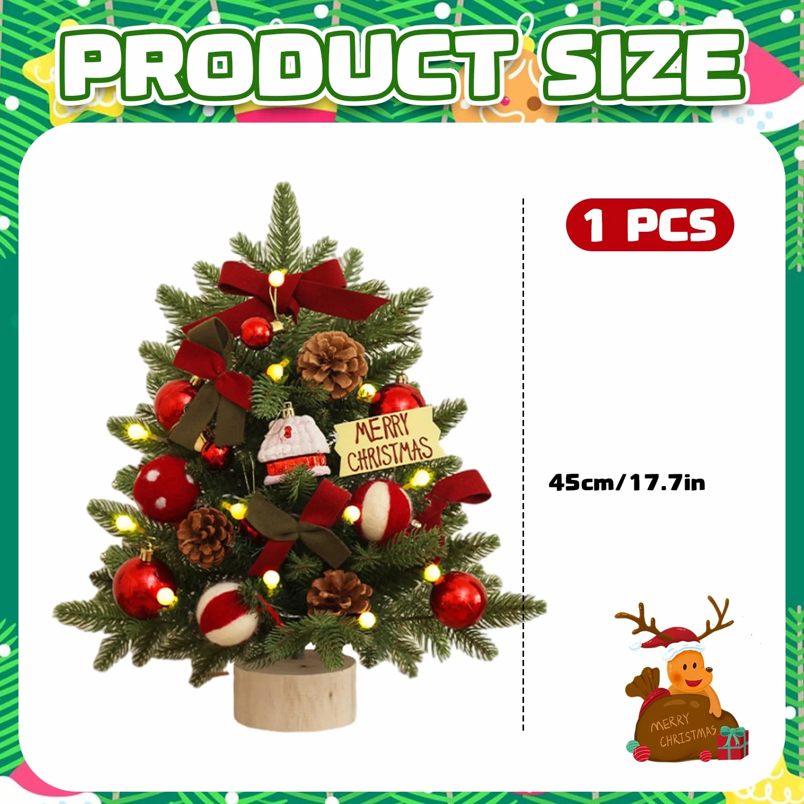Mini sztuczna choinka 45 cm, mała choinka, stół, dekoracje świąteczne, mini choinka, podświetlana, zasilana bateriami, do dekoracji stołu bożonarodzeniowego (czerwona)