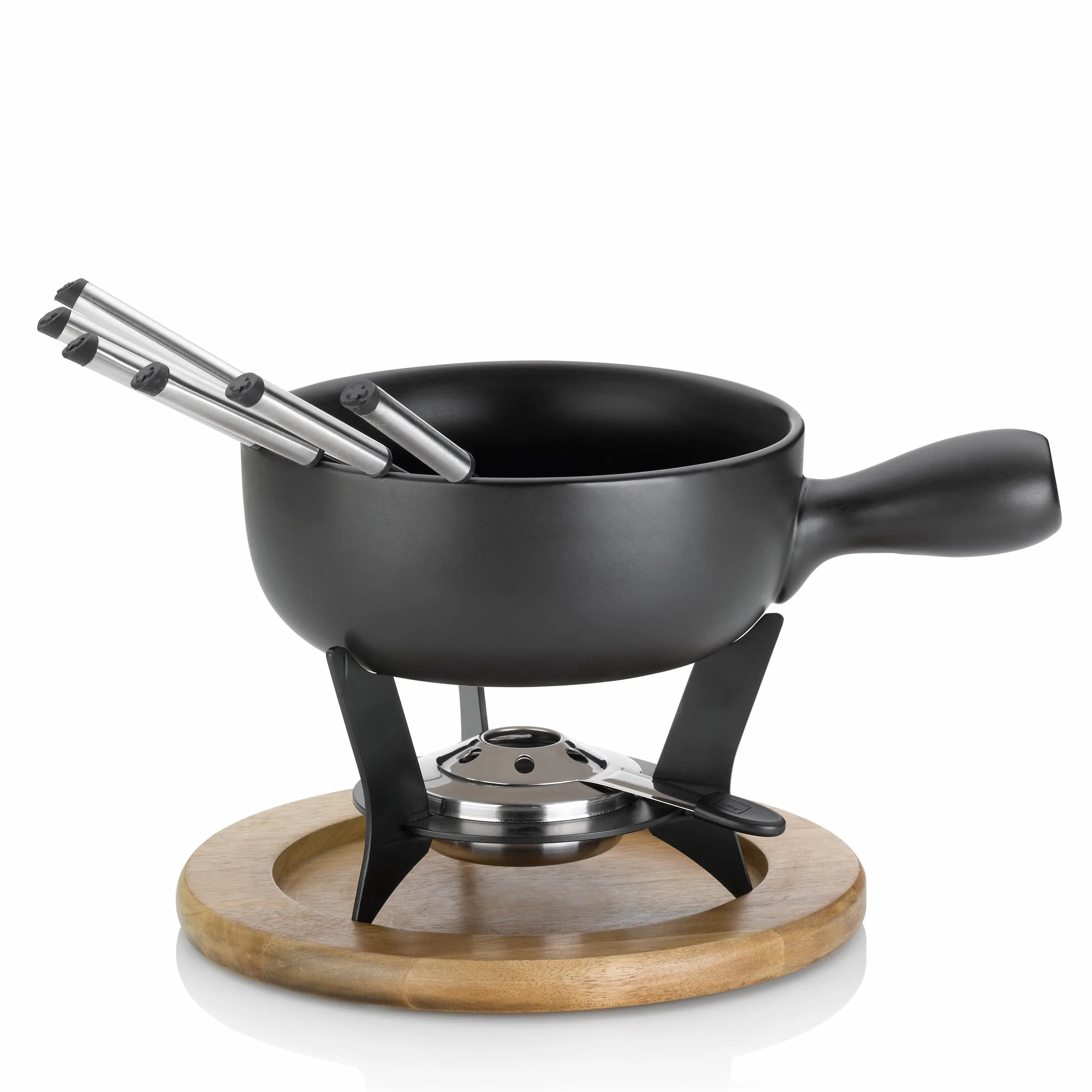 kela Country zestaw do fondue serowego, 10-częściowy, średnica 25 cm, 2 l, ceramika, czarny, ogniotrwały garnek, palnik do pasty, podstawka z drewna akacjowego, 6 widelców do fondue, 16640