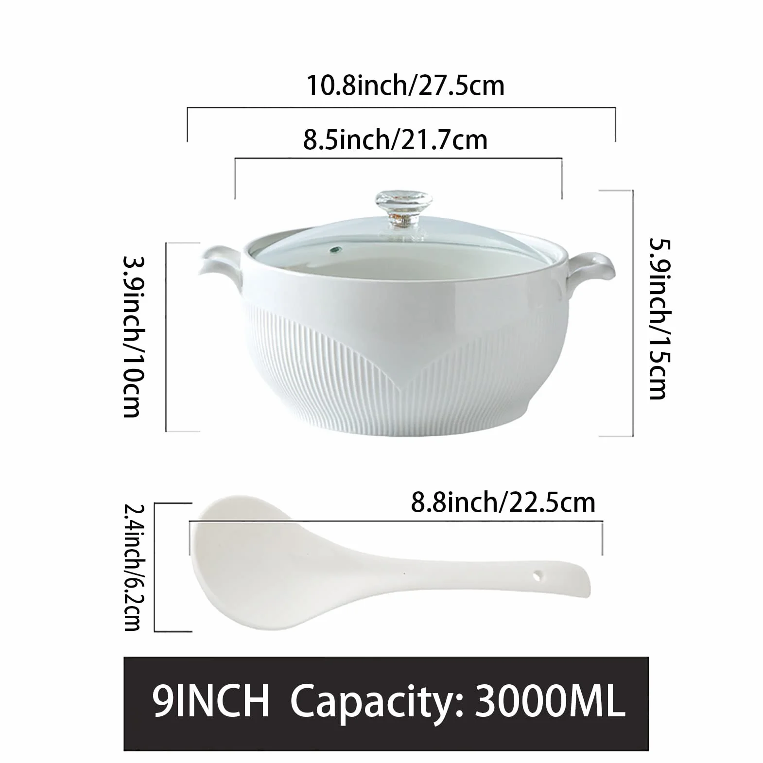 Waza do zupy ze szklaną pokrywką i łyżką, miska do zupy porcelanowej do serwowania stołów kuchennych,White,L