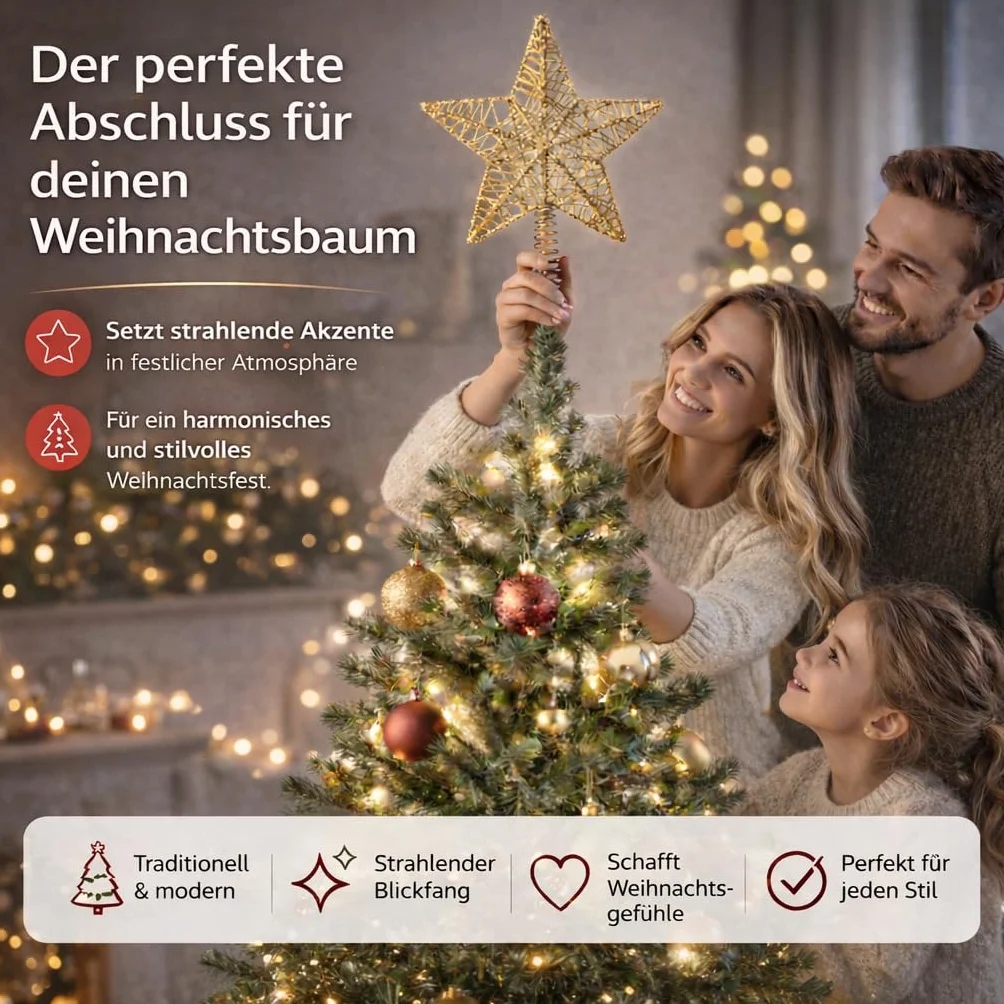 Szpic na choinkę bożonarodzeniową Czubek na choinkę na Boże Narodzenie Gwiazda Ozdoba choinkowa dekoracja bożonarodzeniowa (złoty) …