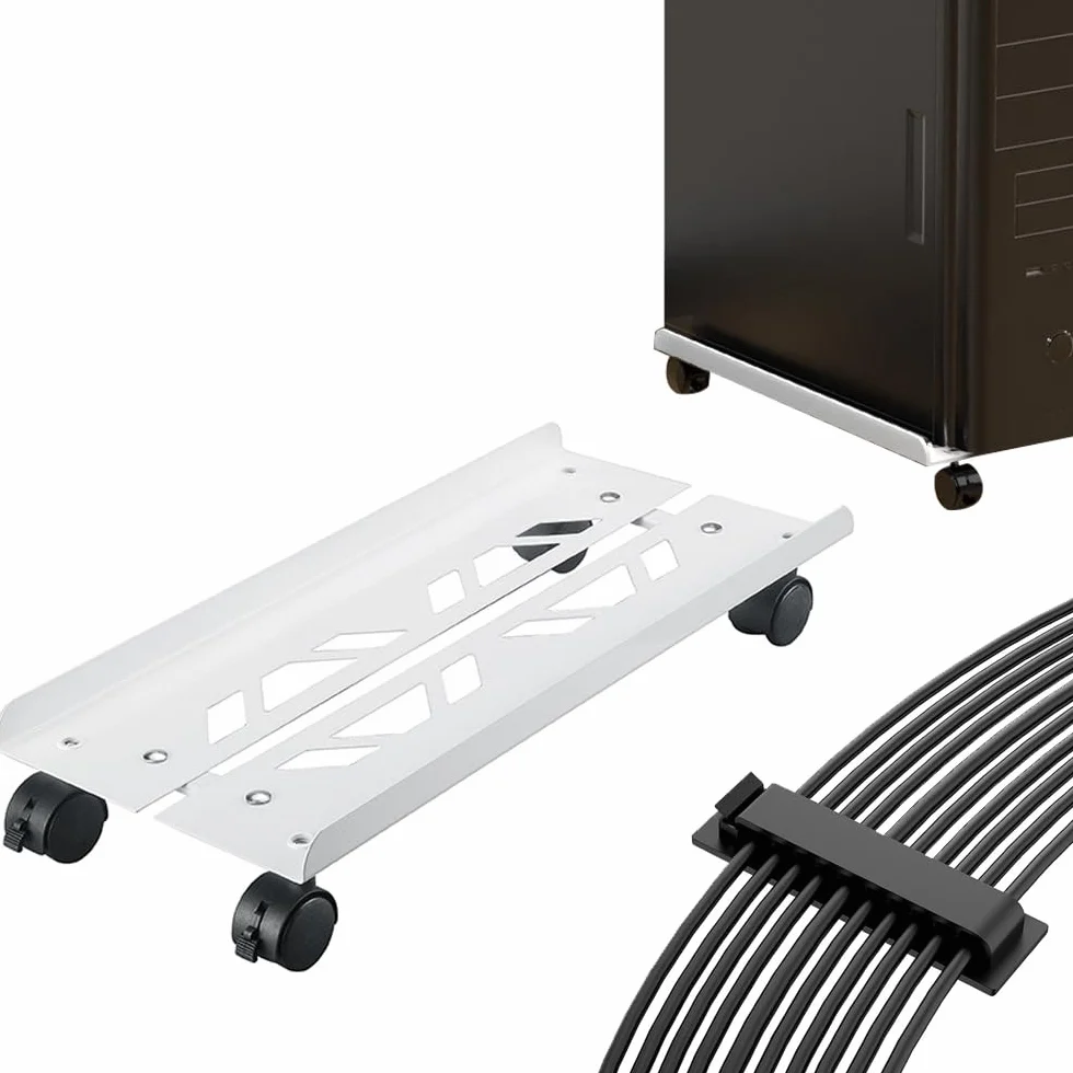 biały stojak na PC Case z 4 kółkami, regulowany uchwyt CPU i samoprzylepny klip na kabel, pasujący do większości komputerów
