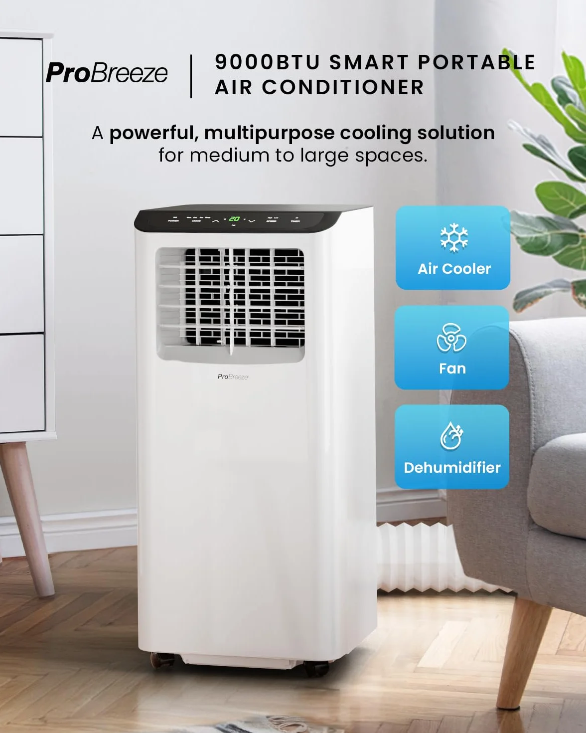 Przenośny klimatyzator Pro Breeze z wężem i pilotem, 4 w 1 - osuszacz powietrza, 2 poziomy prędkości, tryb nocny, 24-godzinny timer, wyświetlacz LED, z zestawem uszczelek okiennych, 9000 BTU