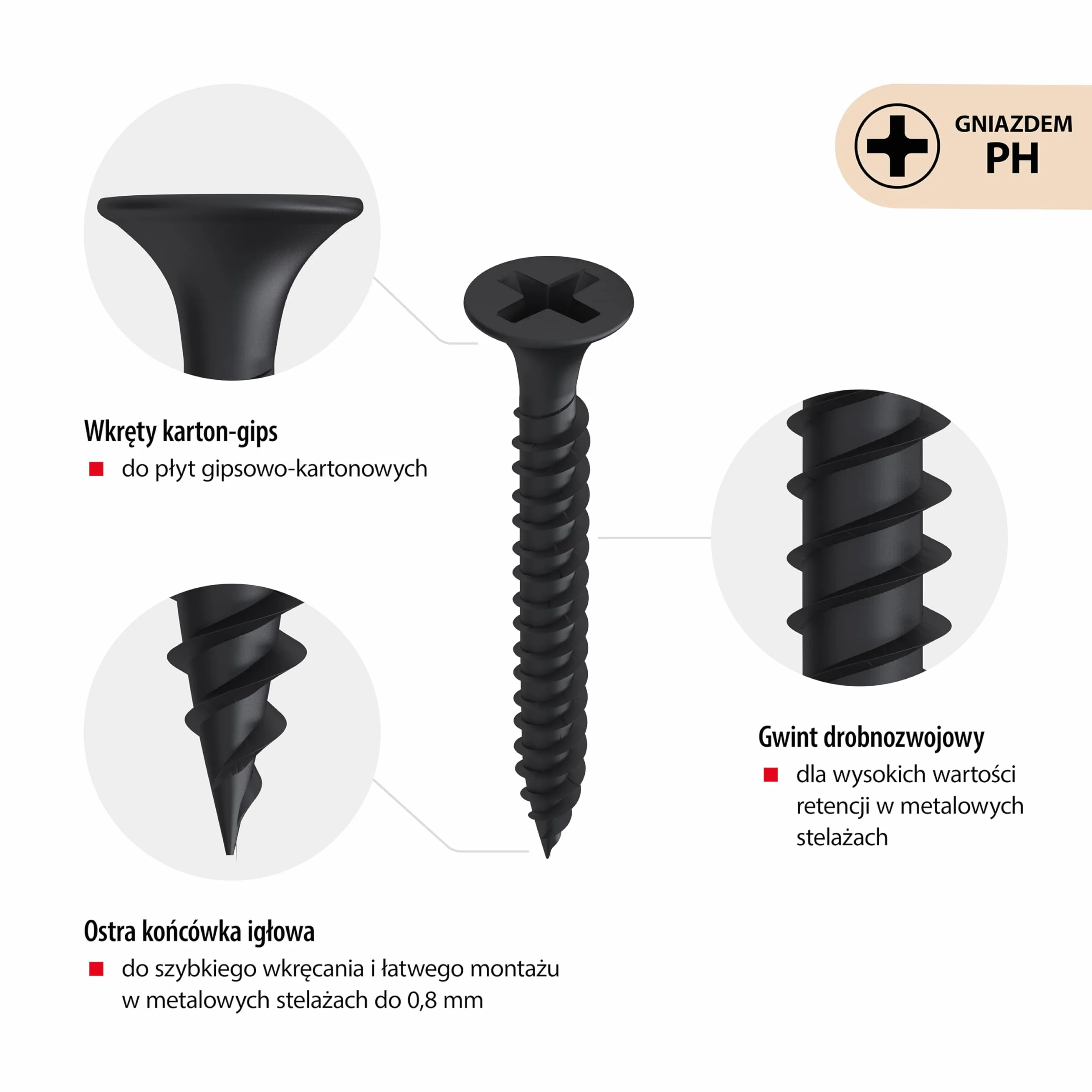 TOX Wkręty do szybkiego montażu DRY FG 3,9 x 35 mm, śruby czarne fosforanowane z głowicą trąbki + drobny gwint, płyta gipsowo-kartonowa na metalowej konstrukcji podłoży, PH2, 1000 sztuk, w zestawie 1