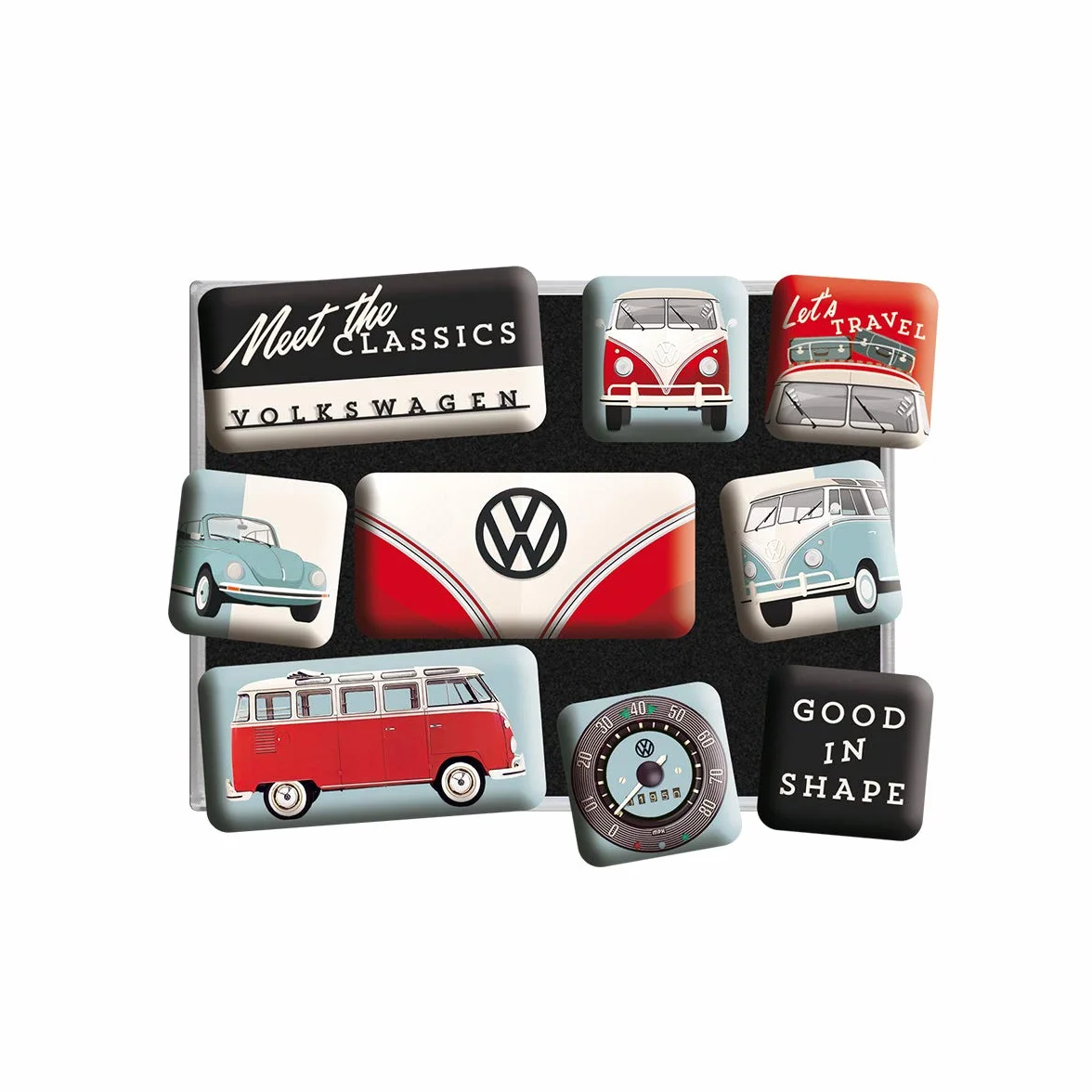 Nostalgic-Art Retro magnesy na lodówkę, 9 sztuk, VW – Meet The Classics – Pomysł na prezent dla miłośnika Volkswagena Busa, Official License Product (OLP), zestaw magnesów, Styl vintage
