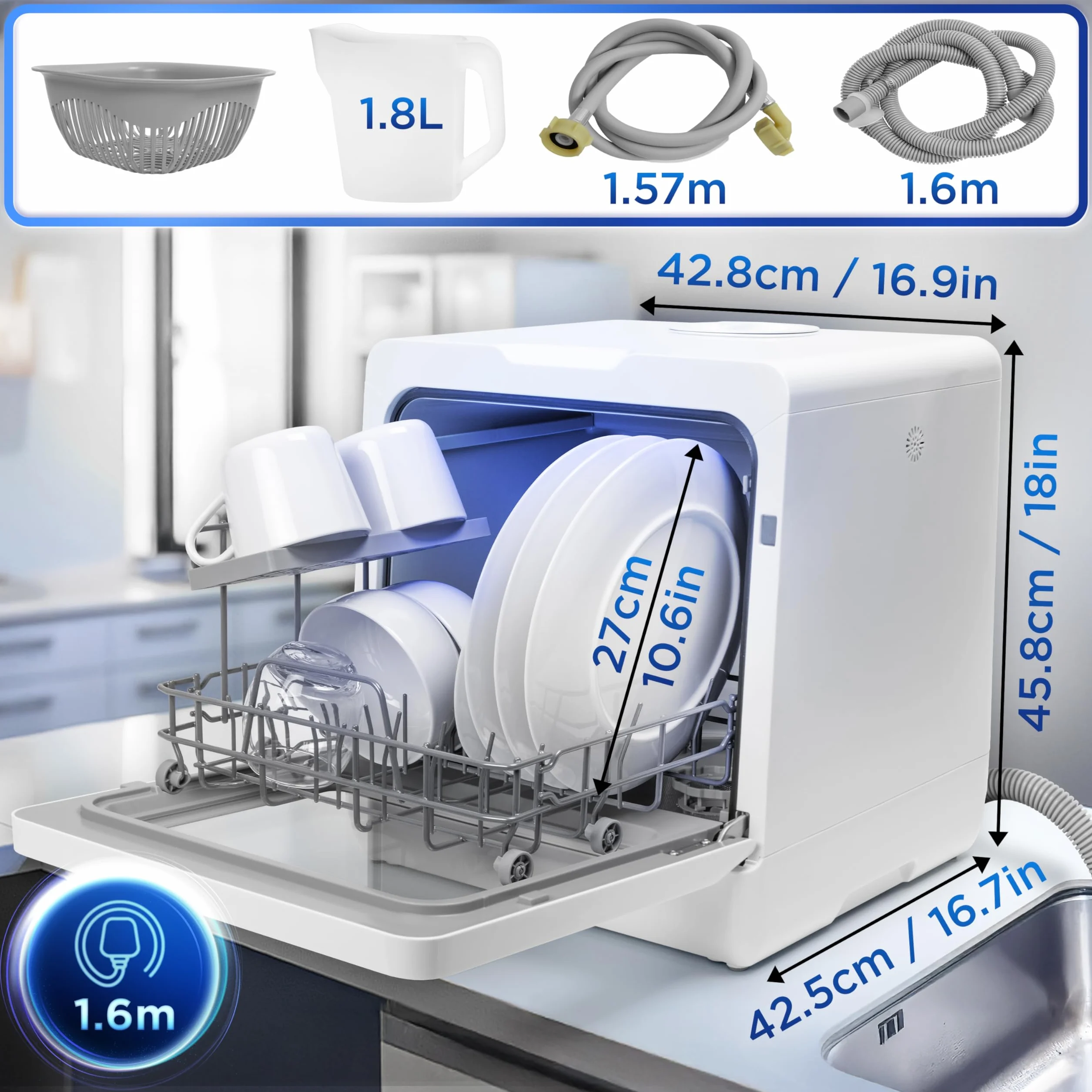 Duronic DW5 WE Zmywarka nablatowa z lub bez przyłącza wody 950W przenośna kompaktowa 5l /cykl do naczyń szkła owoców mała zmywarka stołowa biała