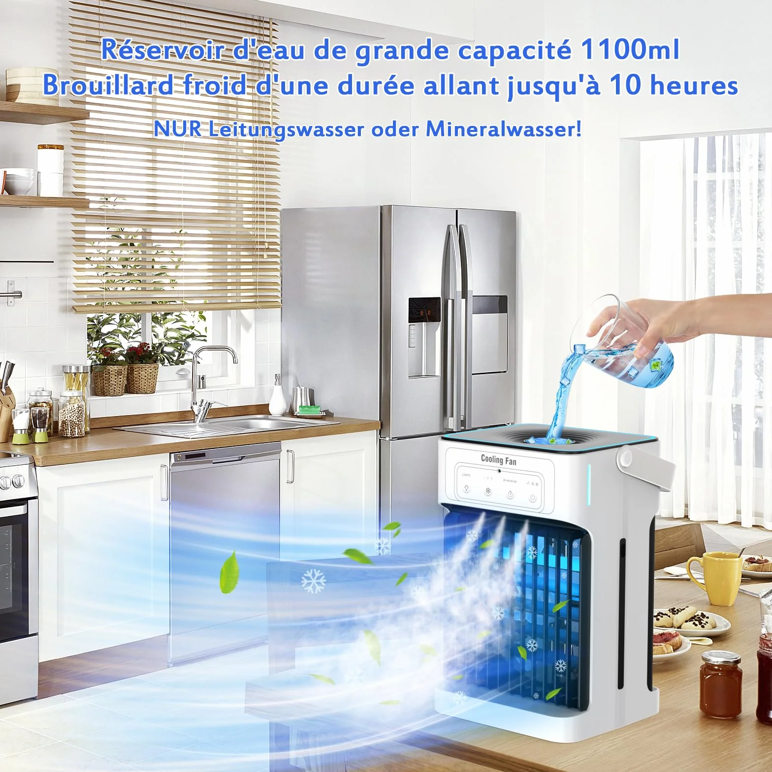 Przenośna klimatyzacja 1100 ml, 3 prędkości, 7 LED, 10W, chłodnica powietrza do sypialni