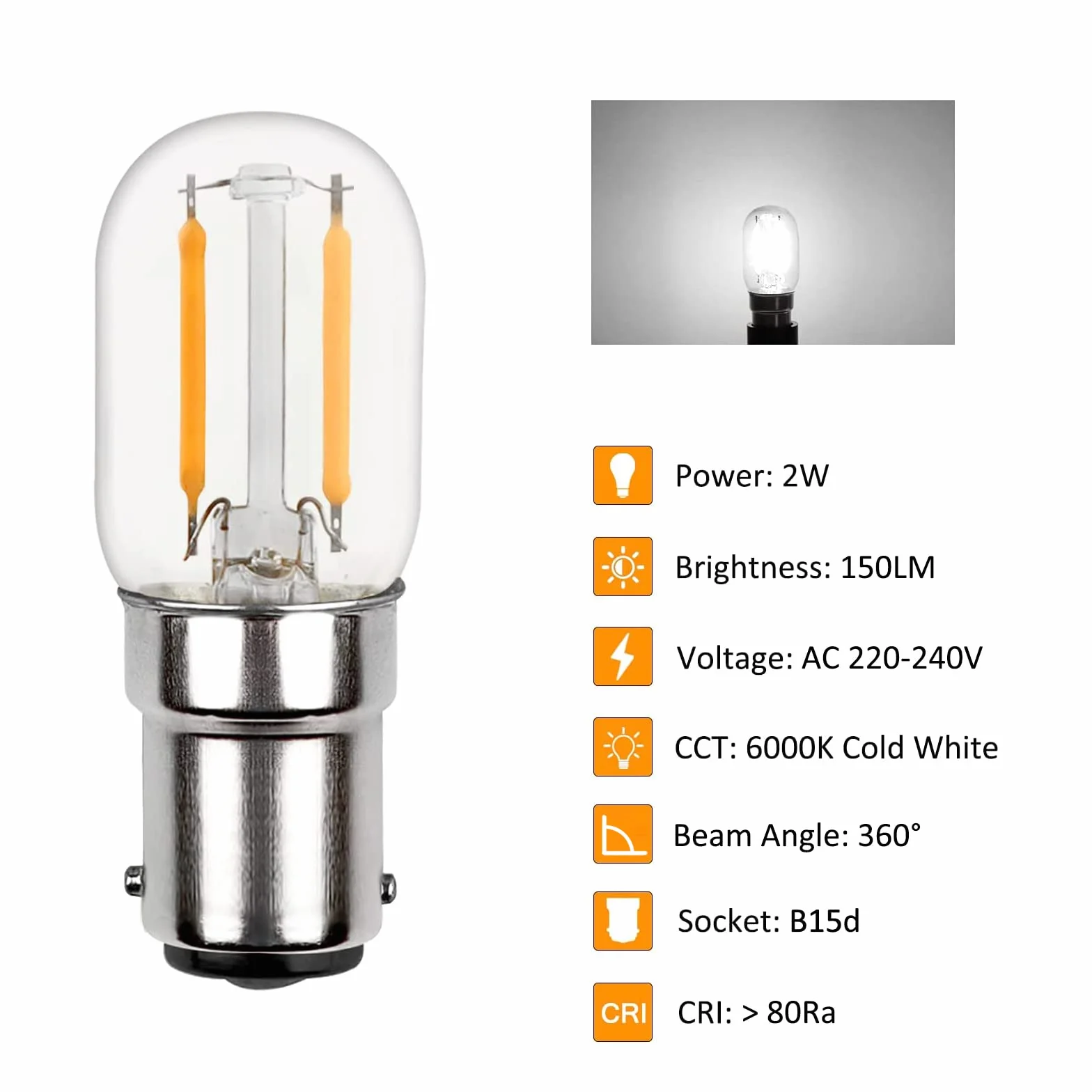 Akynite LED B15D 230V Żarówka Do Maszyny Do Szycia, Podwójny Kontakt, 2W Zastępuje 15W, Zimna Biel 6000K, 150lm, Bez Możliwości Ściemniania, Bagnetowa Mała
