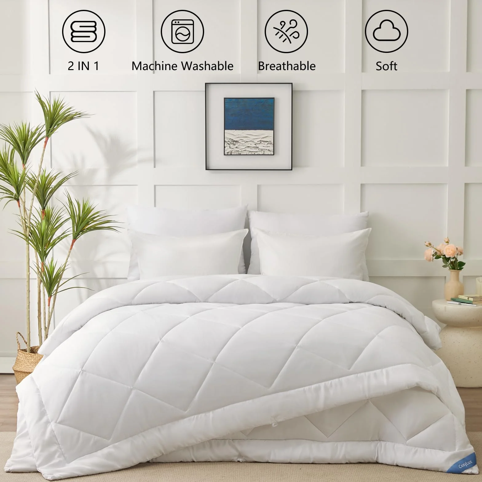 CozyLux Kołdra 260 x 240 4 pory roku 3 w 1 (150 g/m² + 300 g/m²= 450 g/m²) Lekka kołdra + połowa sezonu = ciepła zima z zatrzaskami, 240 x 260 biały