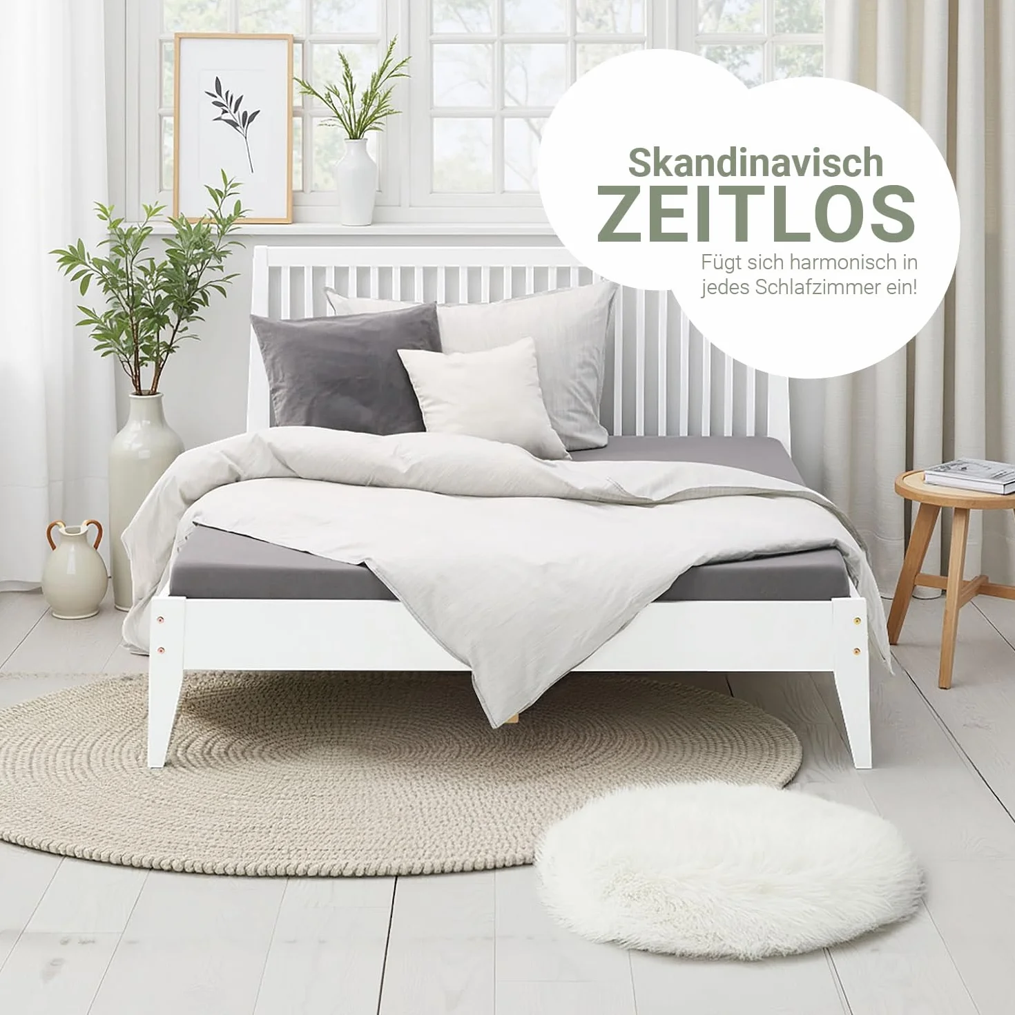 Homestyle4u 1844 łóżko drewniane 140 x 200, ze stelażem, białe, lite drewno sosnowe