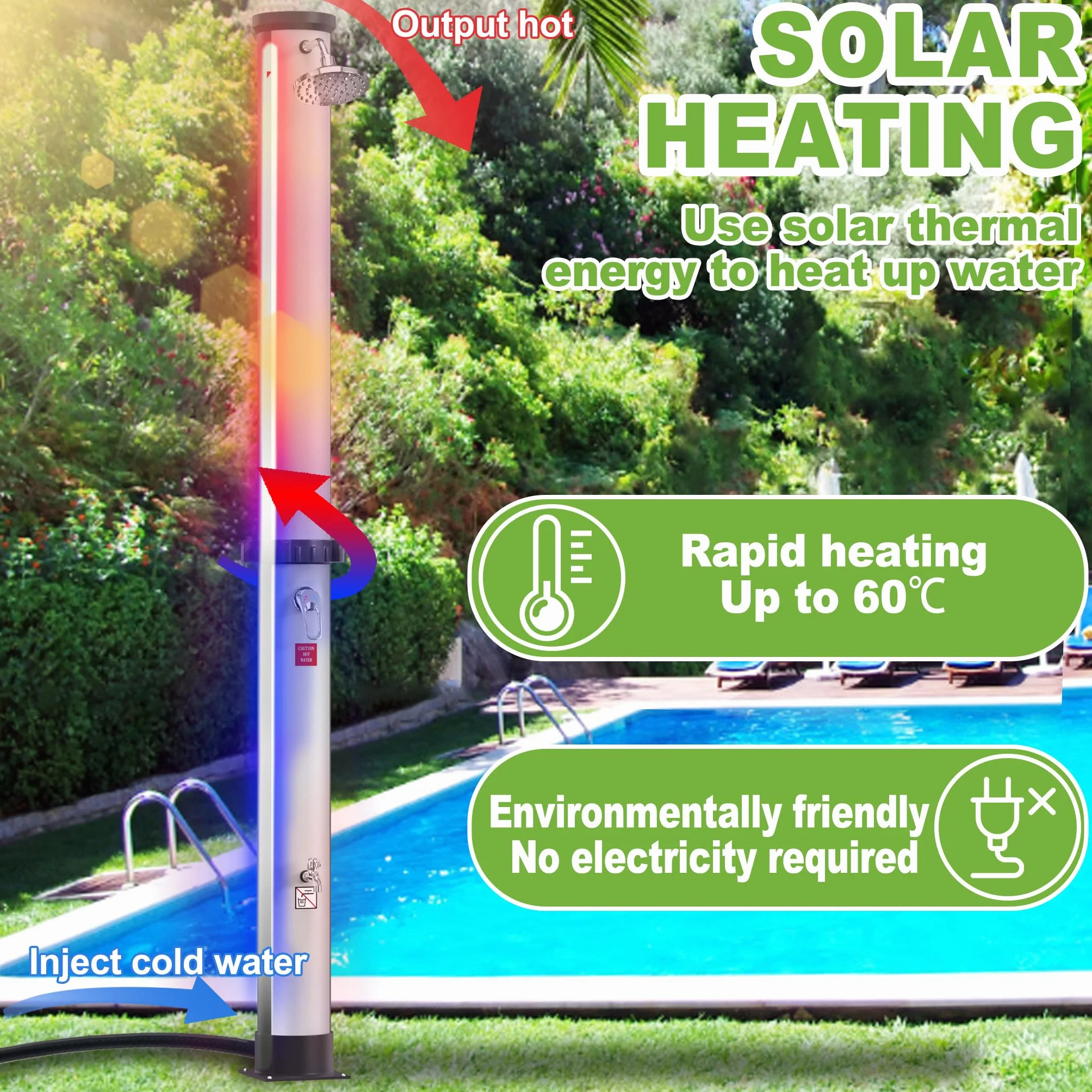 SUBTLETY Prysznic solarny 35 l, system prysznicowy z obrotową głowicą prysznicową i prysznicem nożnym, prysznic zewnętrzny, kolumna prysznicowa, temperatura wody do 60°C, do ogrodu, na kemping, baseny (srebrny + czarny)