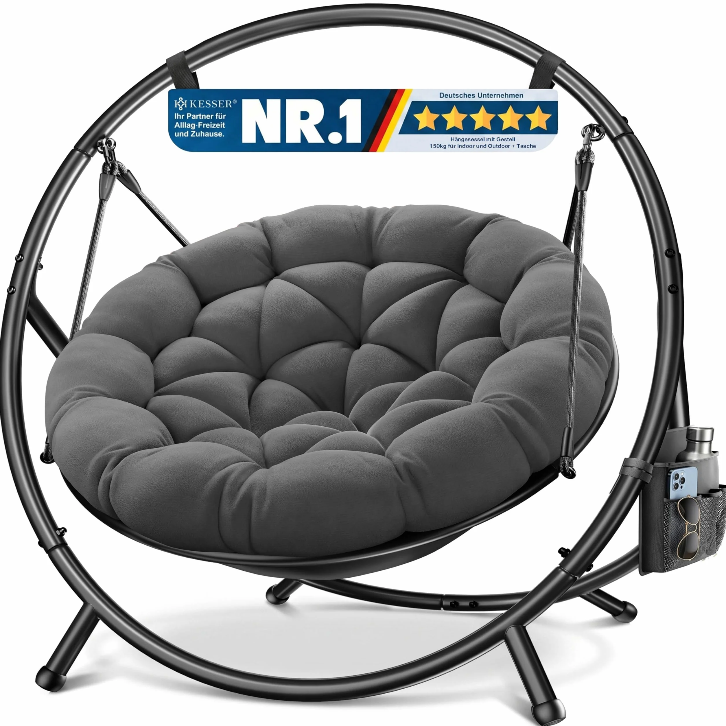 KESSER® Fotel wiszący ze stalowym stelażem, huśtawka, do 150 kg, do użytku wewnątrz i na zewnątrz, z poduszką i kieszenią boczną, kosz wiszący, piankowa poduszka, idealny do salonu i ogrodu