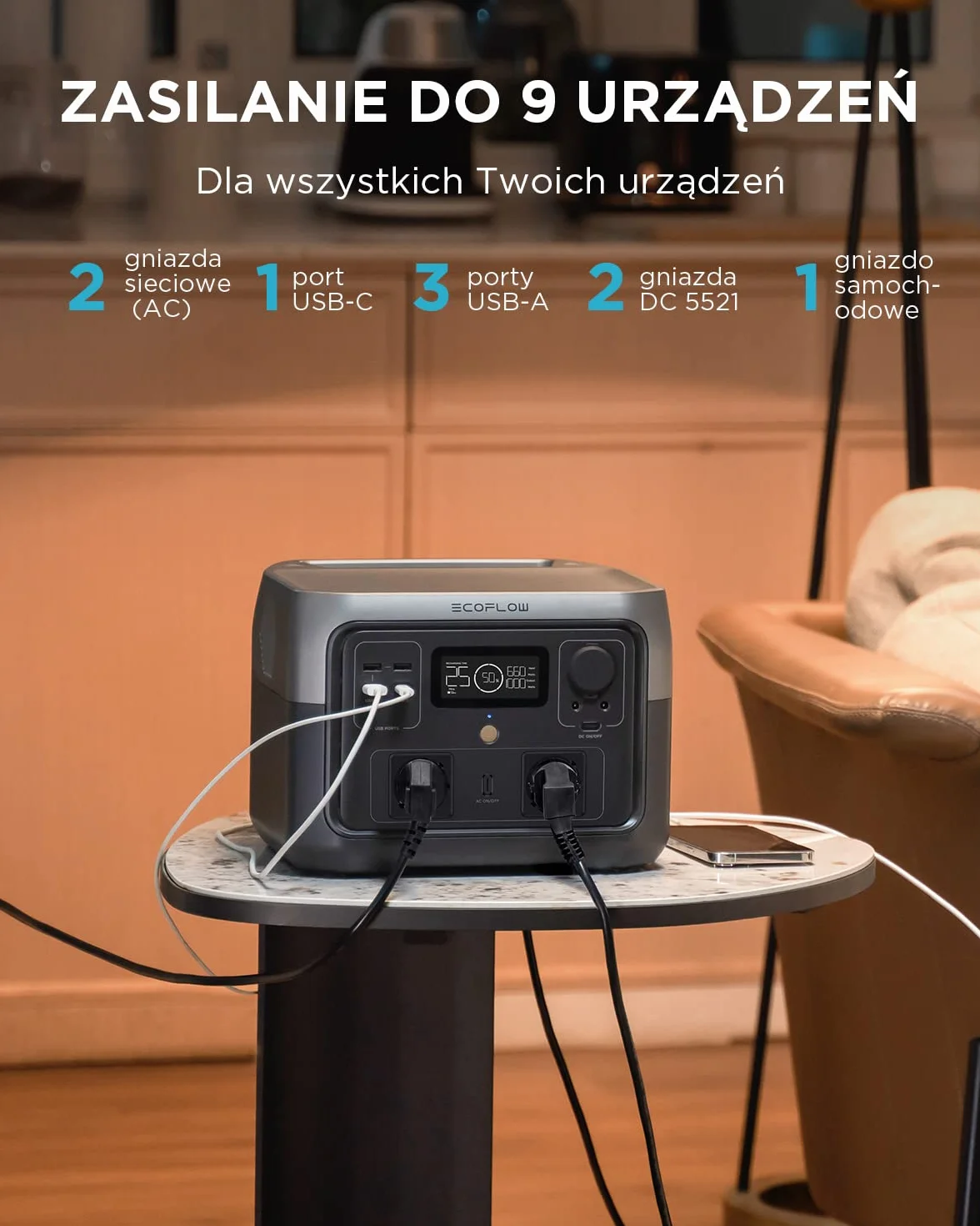 ECOFLOW Przenośna stacja zasilania RIVER 2 MAX, bateria LiFeP04 512 Wh/szybkie ładowanie w 1 godz., moc wyjściowa do 1000 W, generator słoneczny, do użytkowania na kempingu, w kamperach