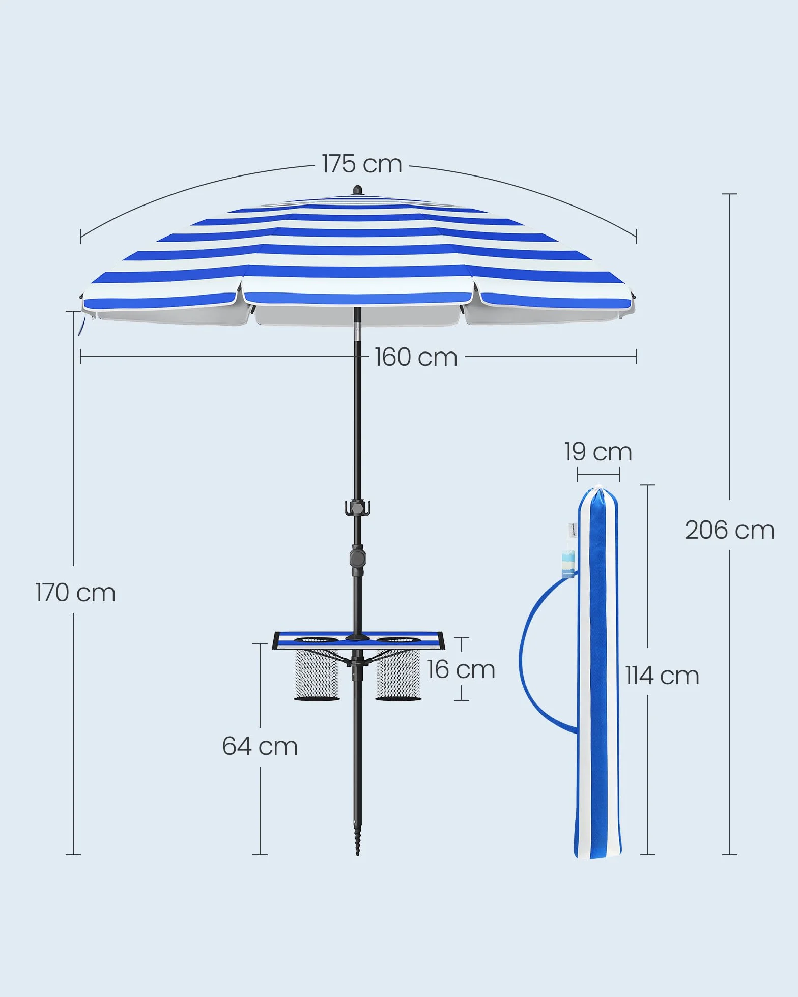 SONGMICS Parasol 160 cm, parasol plażowy, ochrona przeciwsłoneczna UPF 50+, składane boki 30°, regulacja wysokości, schowek, haczyki, nadaje się na plażę, bez stojaka, niebiesko-biały GPU0080Q02