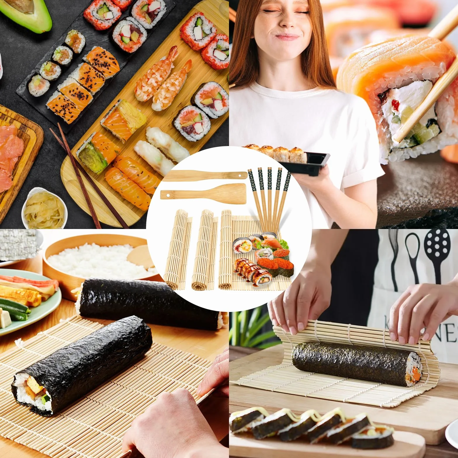 Zestaw do sushi 10-częściowy, maty bambusowe, pałeczki, noże, łyżki ryżowe