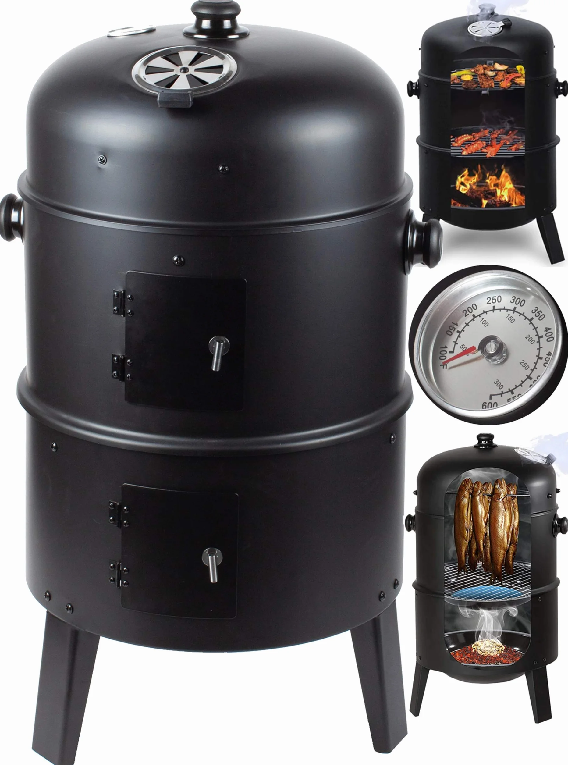 GrillMaster Grill Węglowy SmokeHouse GM8000 + Wędzarnia + Termometr, Ogrodowy, Wędzenie, Gotowanie na Parze, Dwie Misy, Funkcja Paleniska