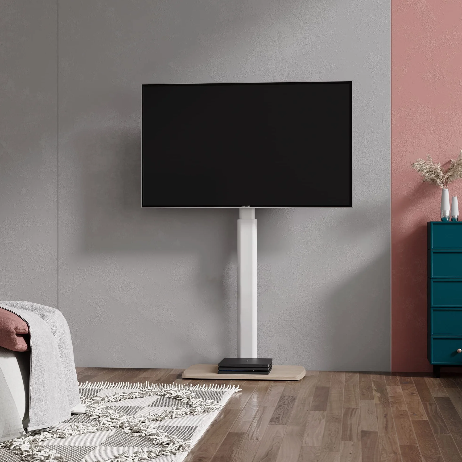 FITUEYES Biały stojak na telewizor z podłokietnikami z 20mm drewnianą podstawą na telewizor 32-70 cali, wysoki stojak na telewizor z obrotem 60° i 6 regulacjami wysokości, ścienny wąski stojak na