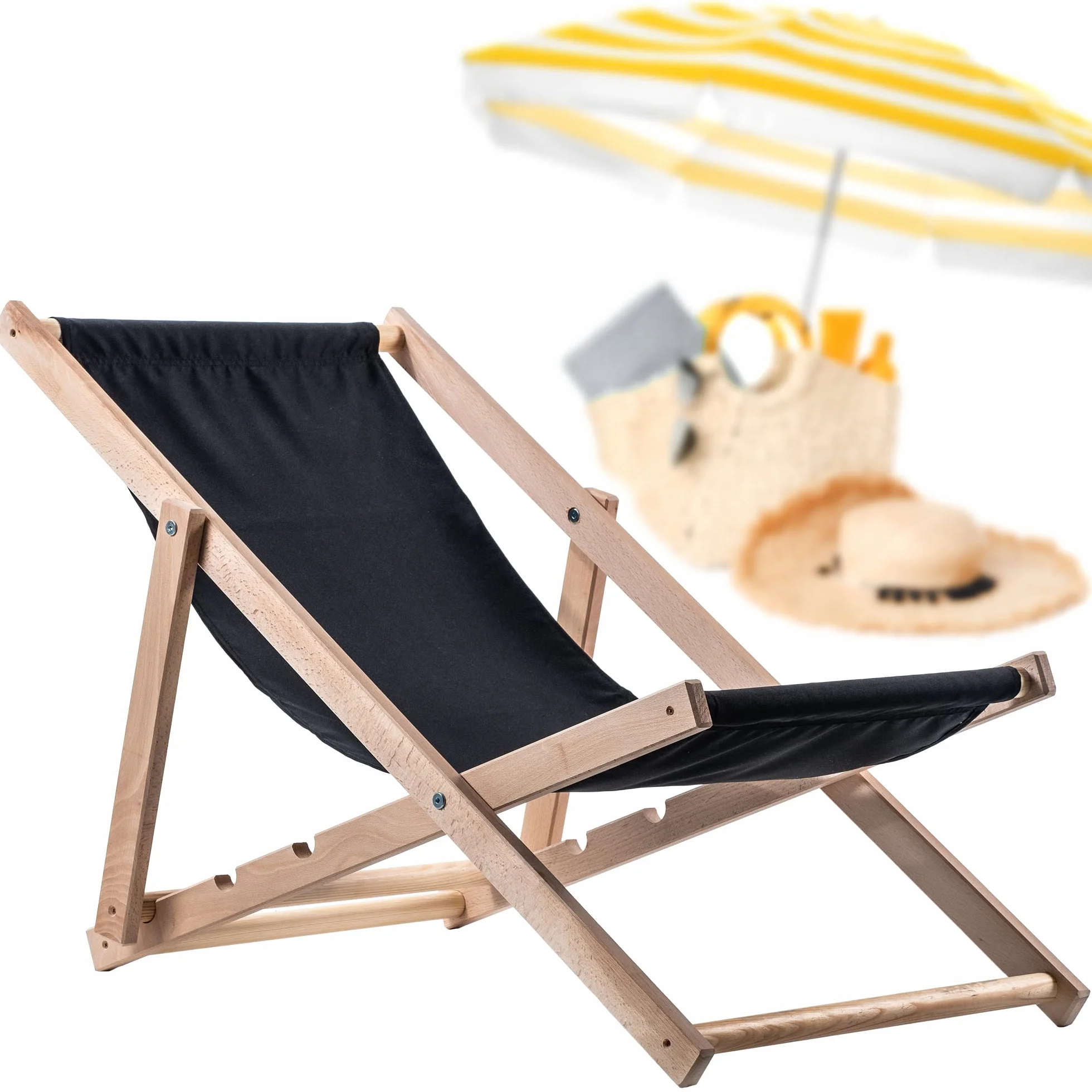 KADAX Leżak bukowy składany czarny, udźwig 120 kg, stabilna konstrukcja, wygodne siedzisko, relaks na plaży, tarasie i w ogrodzie