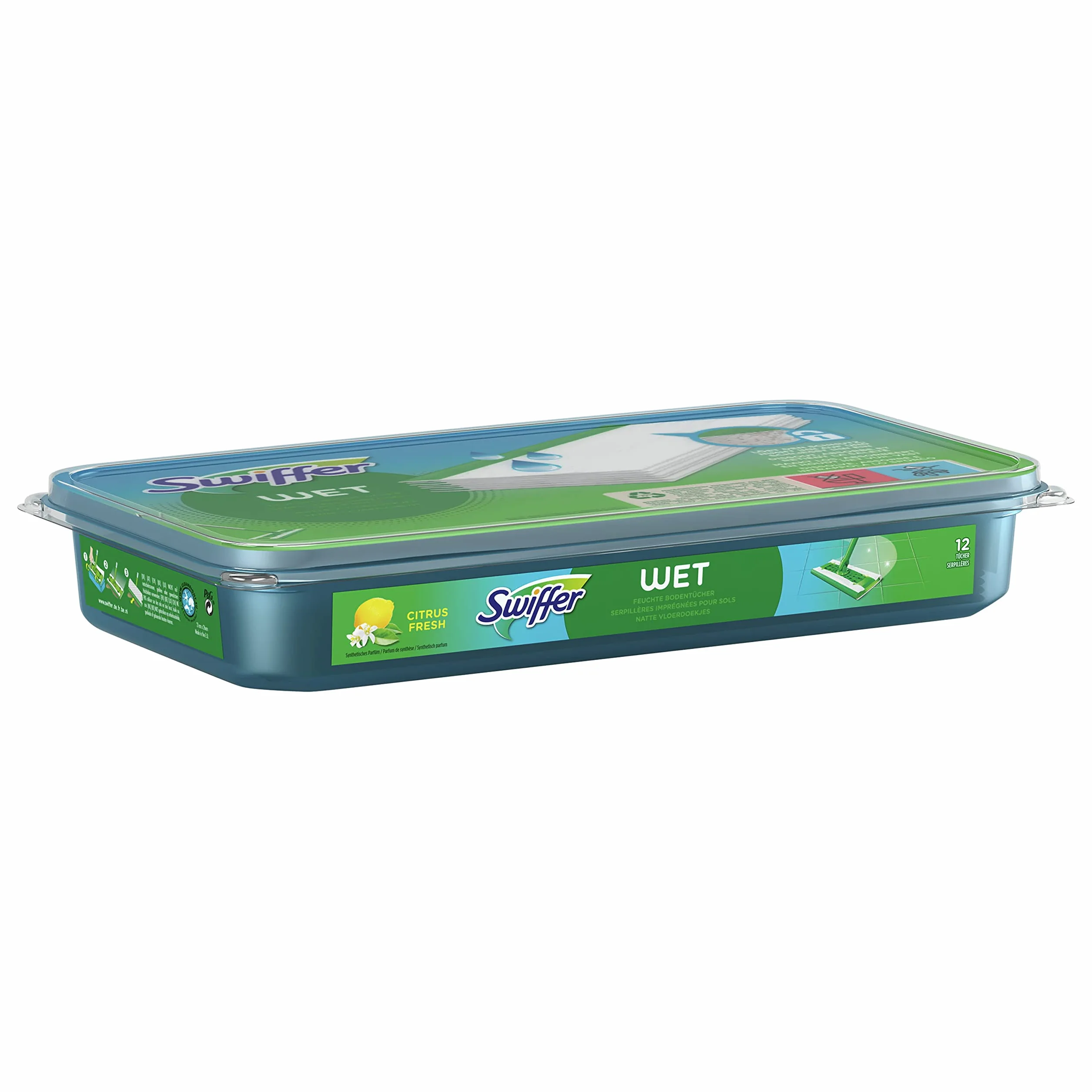 Swiffer Chusteczki na mokro, 12 chusteczek czyszczących, do zamiatania, łapania kurzu, chusteczki zatrzymują kurz i brud