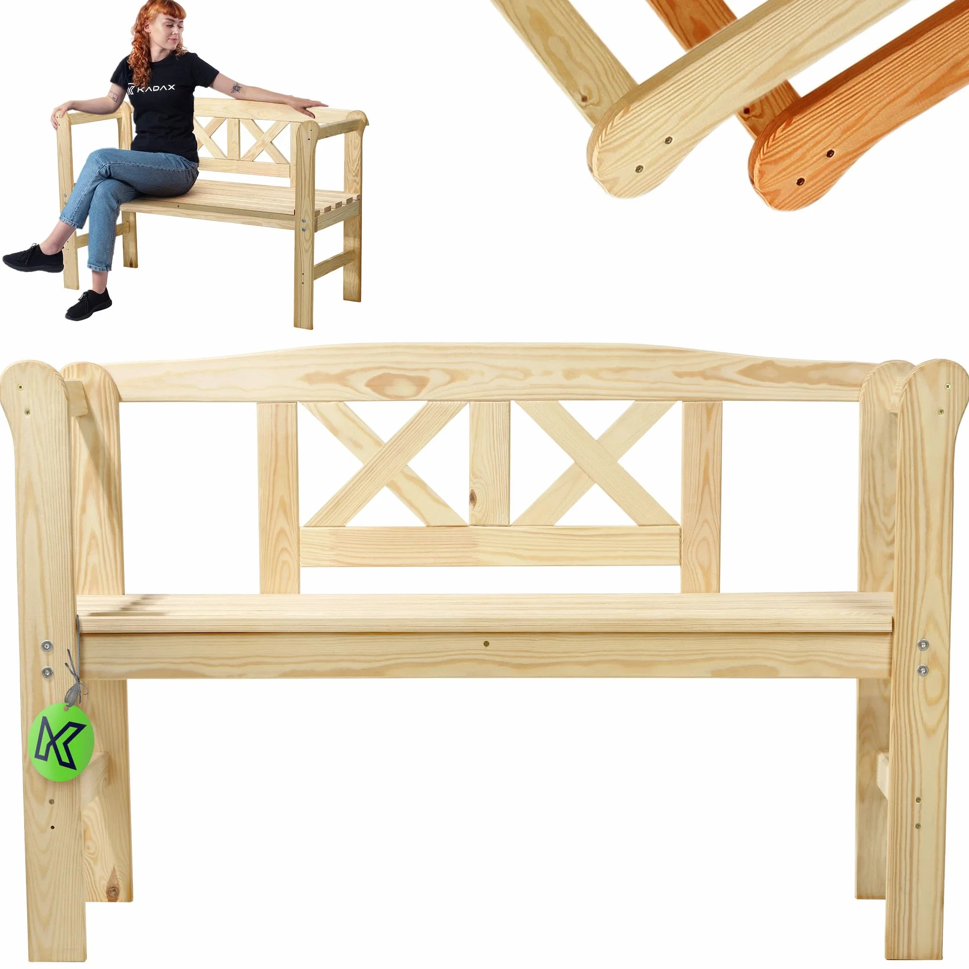 KADAX Ławka ogrodowa 119x44x76cm kolor naturalny, z litego drewna, odporna na warunki atmosferyczne, z oparciem zapewnia wygodne siedzisko na taras, balkon i do ogrodu