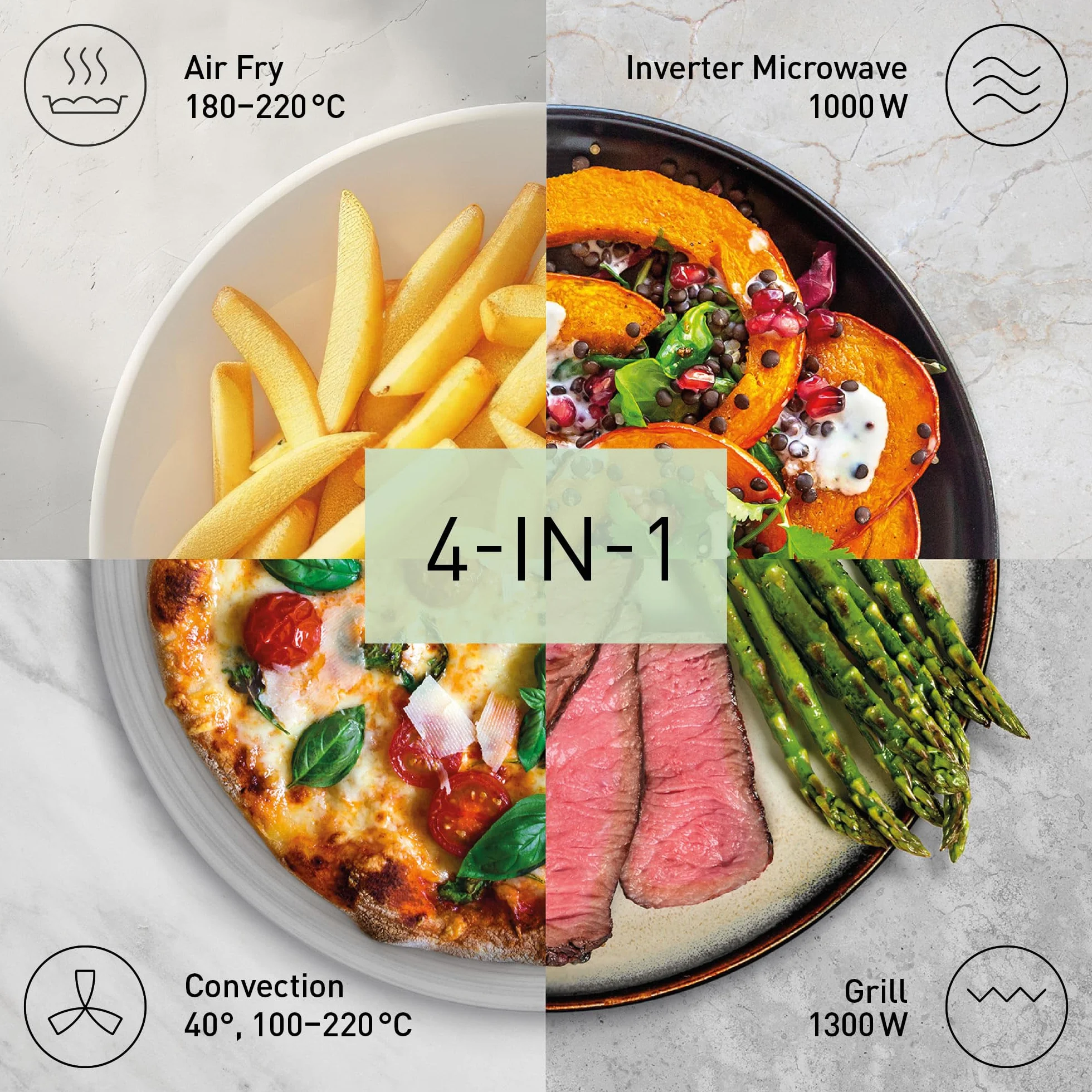 Panasonic NN-CD88QSEPG 34L Air Fryer kuchenka mikrofalowa kombi z grillem kwarcowym, 1000 W, automatyczne rozmrażanie, czujnik Genius, stal nierdzewna, srebrna
