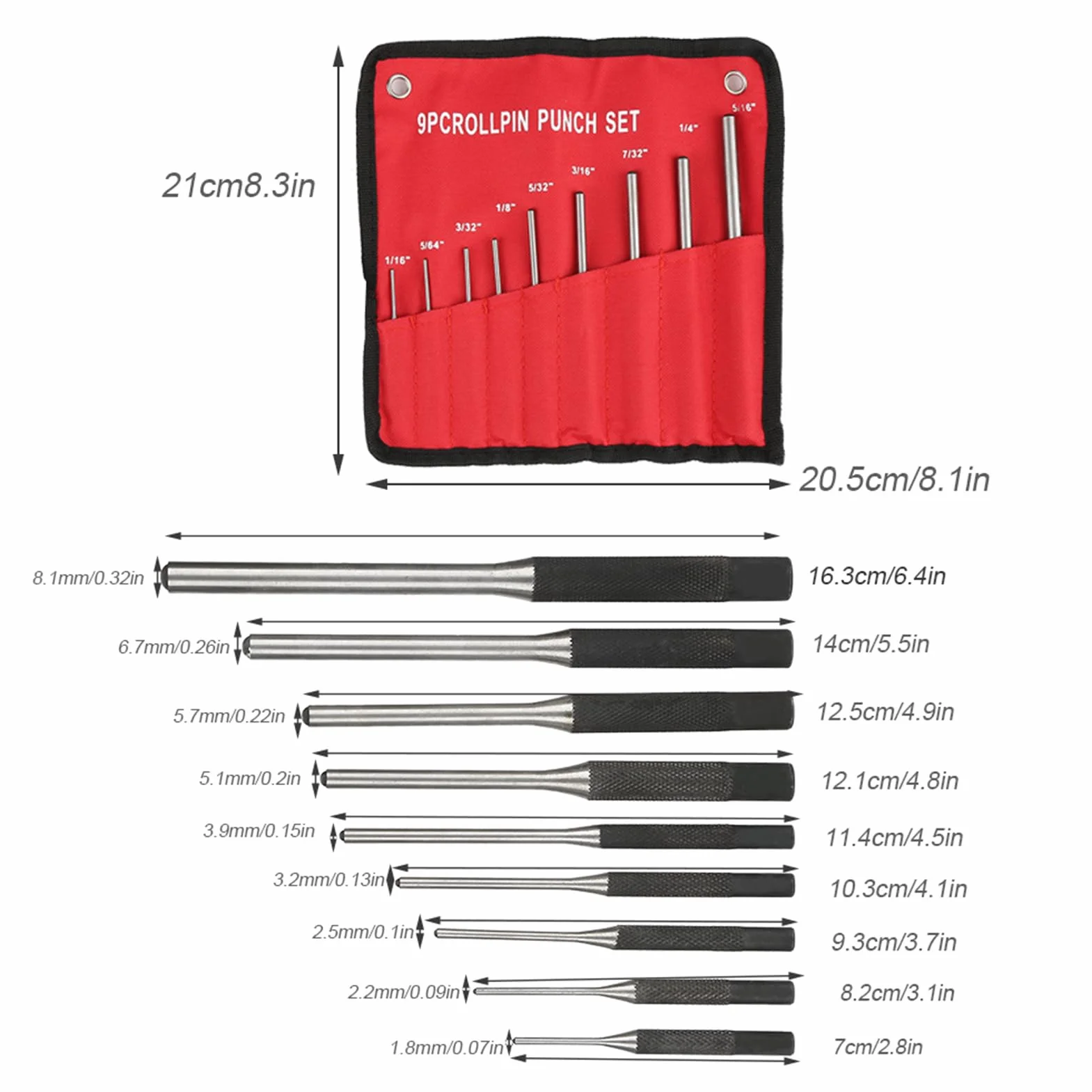 T. Hinsley Style Roll Pin Remover 3.5 Mm, Zestaw Punch, Stemple Do Metalu, 9 Szt. Trwała Stalowa Rolka