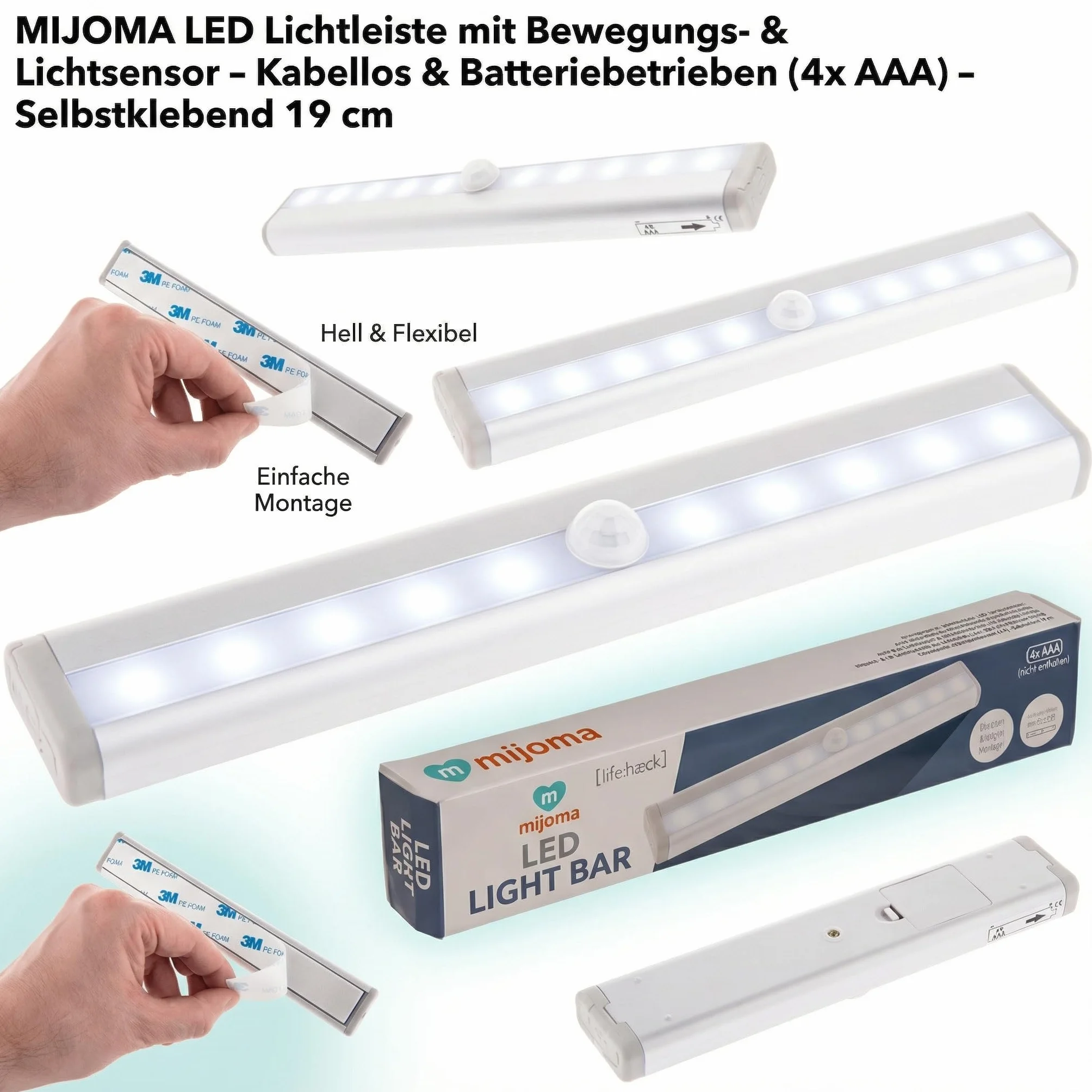 MIJOMA Listwa świetlna LED z czujnikiem ruchu i światła – bezprzewodowa, zasilana bateriami, samoprzylepna, 19 cm – lampka nocna do korytarza, szafy na ubrania, kuchni, piwnicy